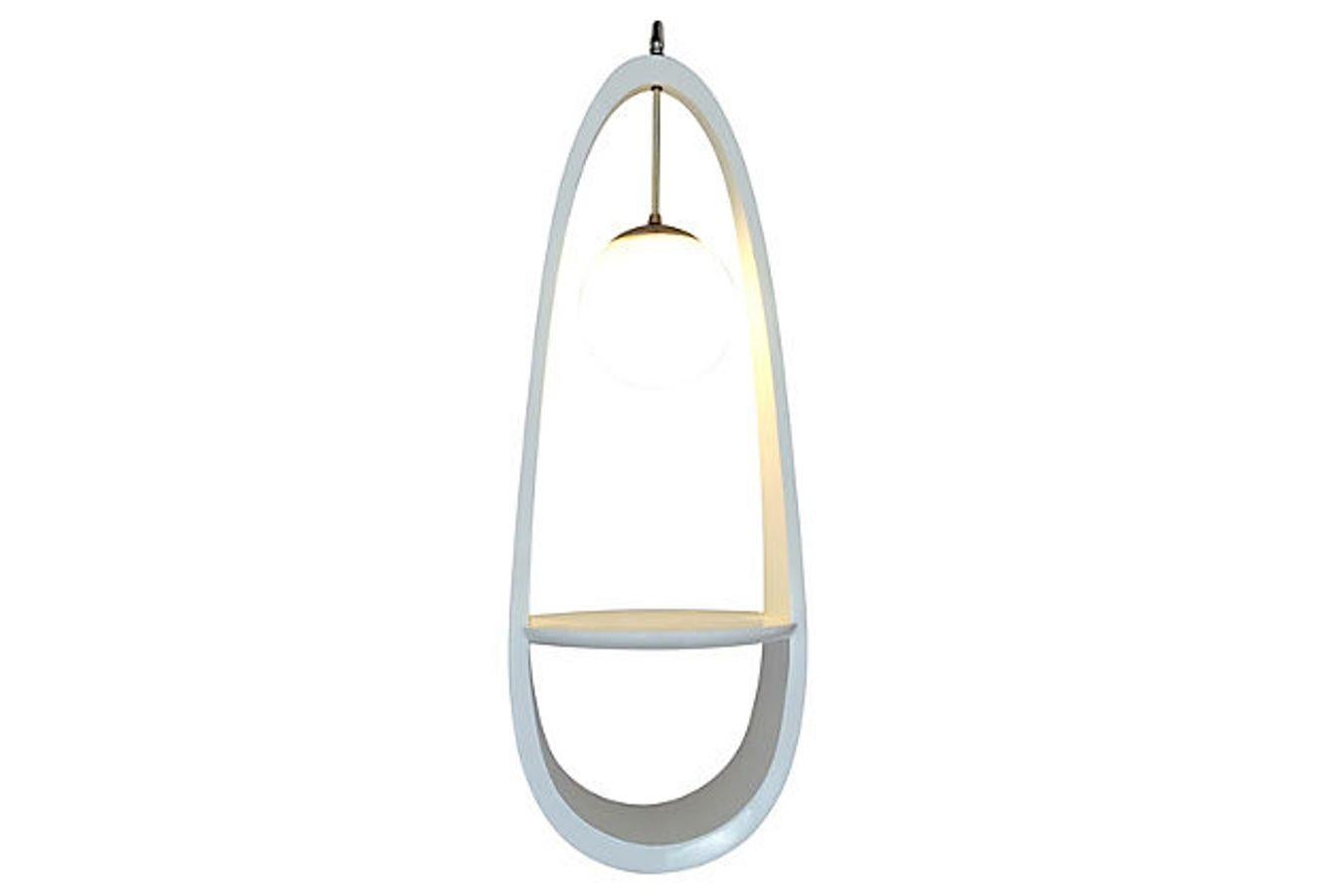 1970s MOD wood & chrome hanging pendant light. This unique and coveted freshly painted the original bright white lacquer wood pendant light is teardrop and curved in shape with a built in 