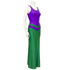 1970s Mod Mod Mod Purple and Green Cut-Out Gown