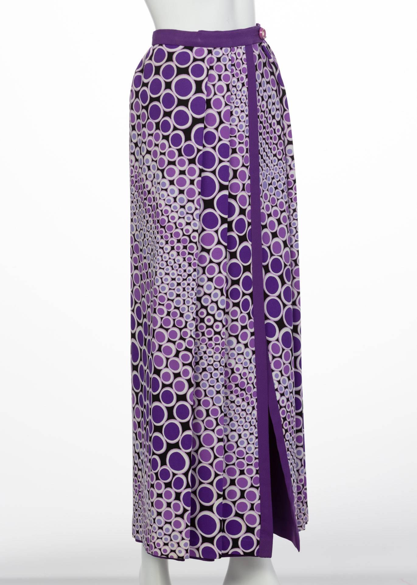 Women's Mod Purple and White Polka Dot Maxi Wrap Skirt, 1970s  For Sale