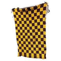 Vintage 1970s Mod Yellow Brown Checkerboard Fringe Wool Blanket