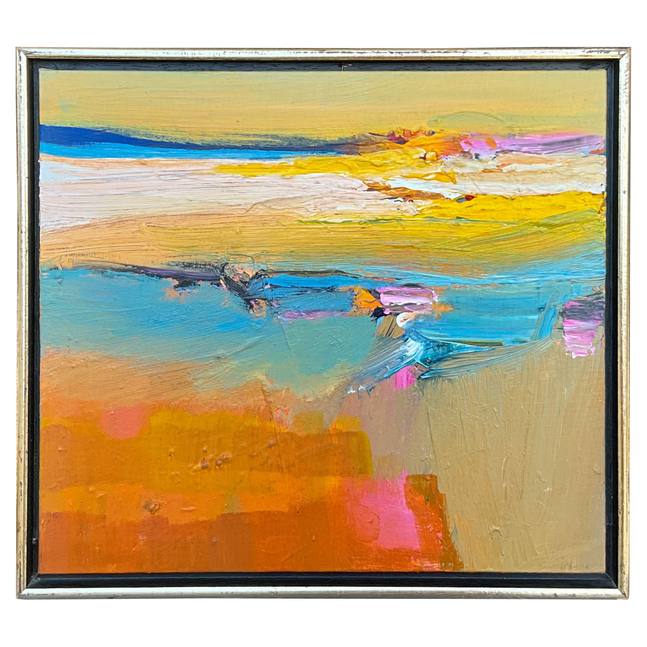 1970s Modern Abstract Seascape Oil On Canvas Painting Signed Margaret Smith