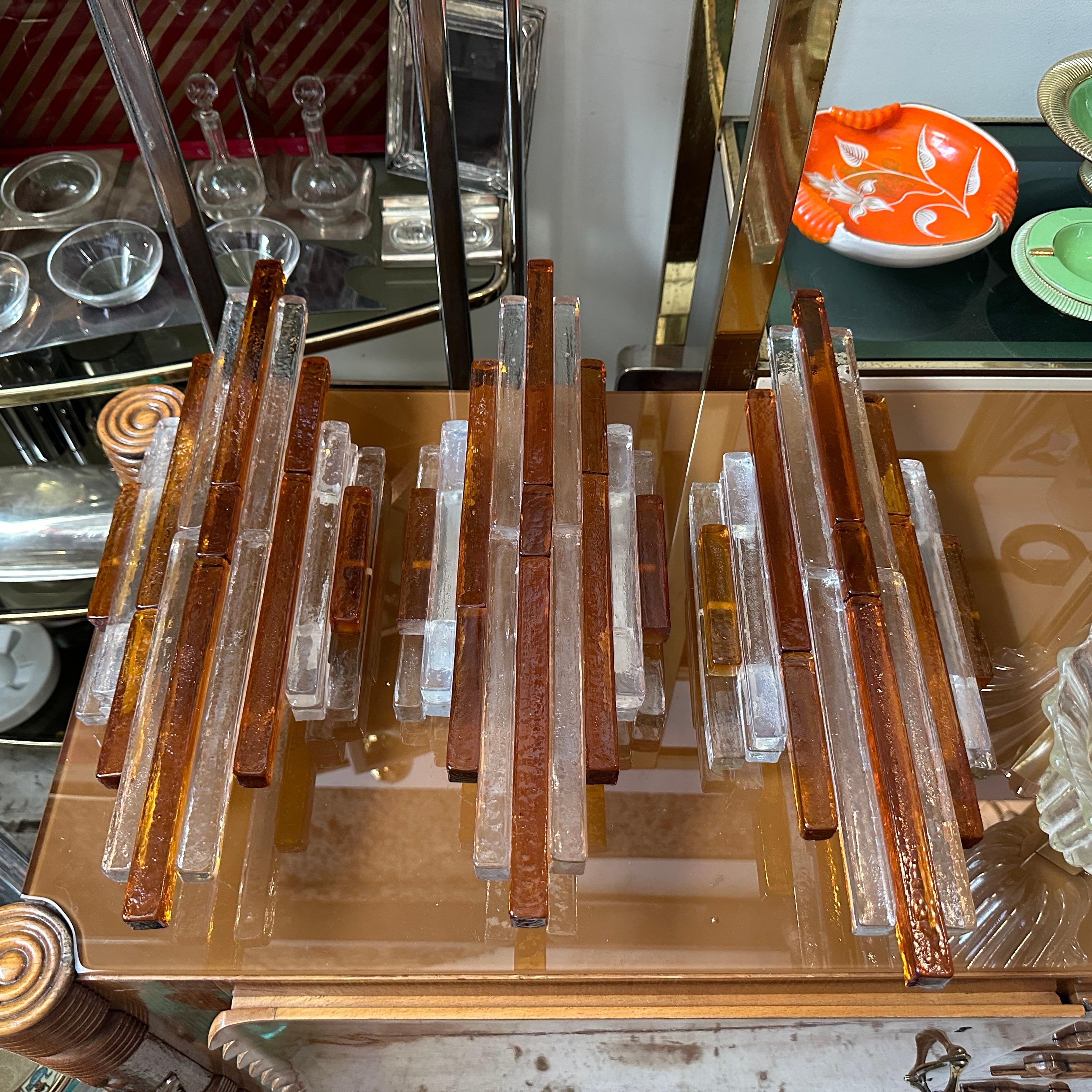 Italian A 1970s Modern Amber and Clear Stacked Glass Linea Wall Sconce by Poliarte For Sale