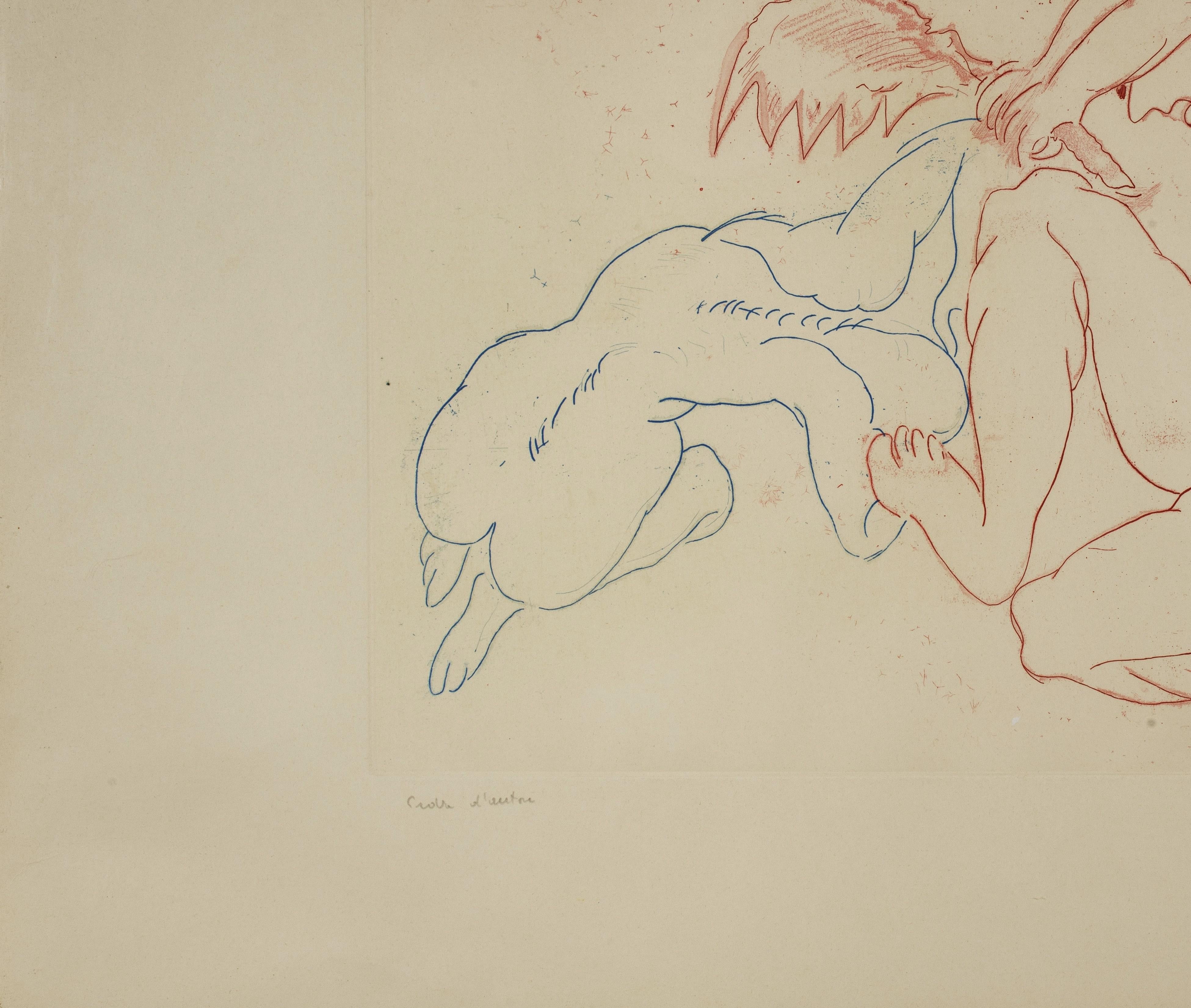 Colour etching “Prova d’autore” signed localised and dated ‘Raphael Roma “70”.
It depicts in his unmistakable style a couple pictured in an intimate but discreet pose.

Antonietta Raphaël, the wife of Mario Mafai and co-founder of the Roman School,
