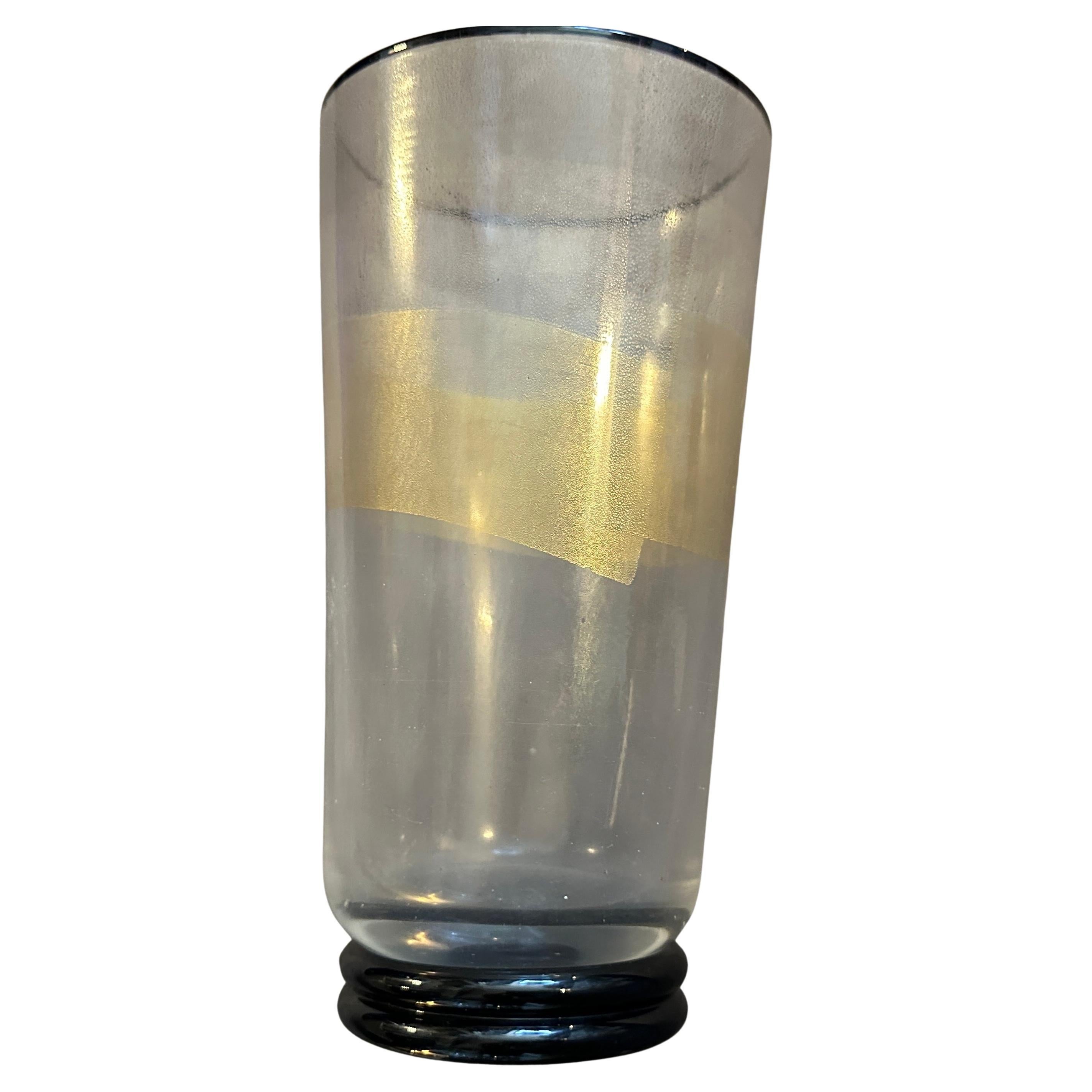 Vaso moderno anni '70 in vetro trasparente nero e oro di Murano