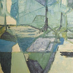 1970s Modern Blue Green Abstract Oil Painting California Art