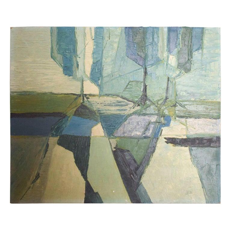 Late 20th Century 1970s Modern Blue Green Abstract Oil Painting California Art For Sale
