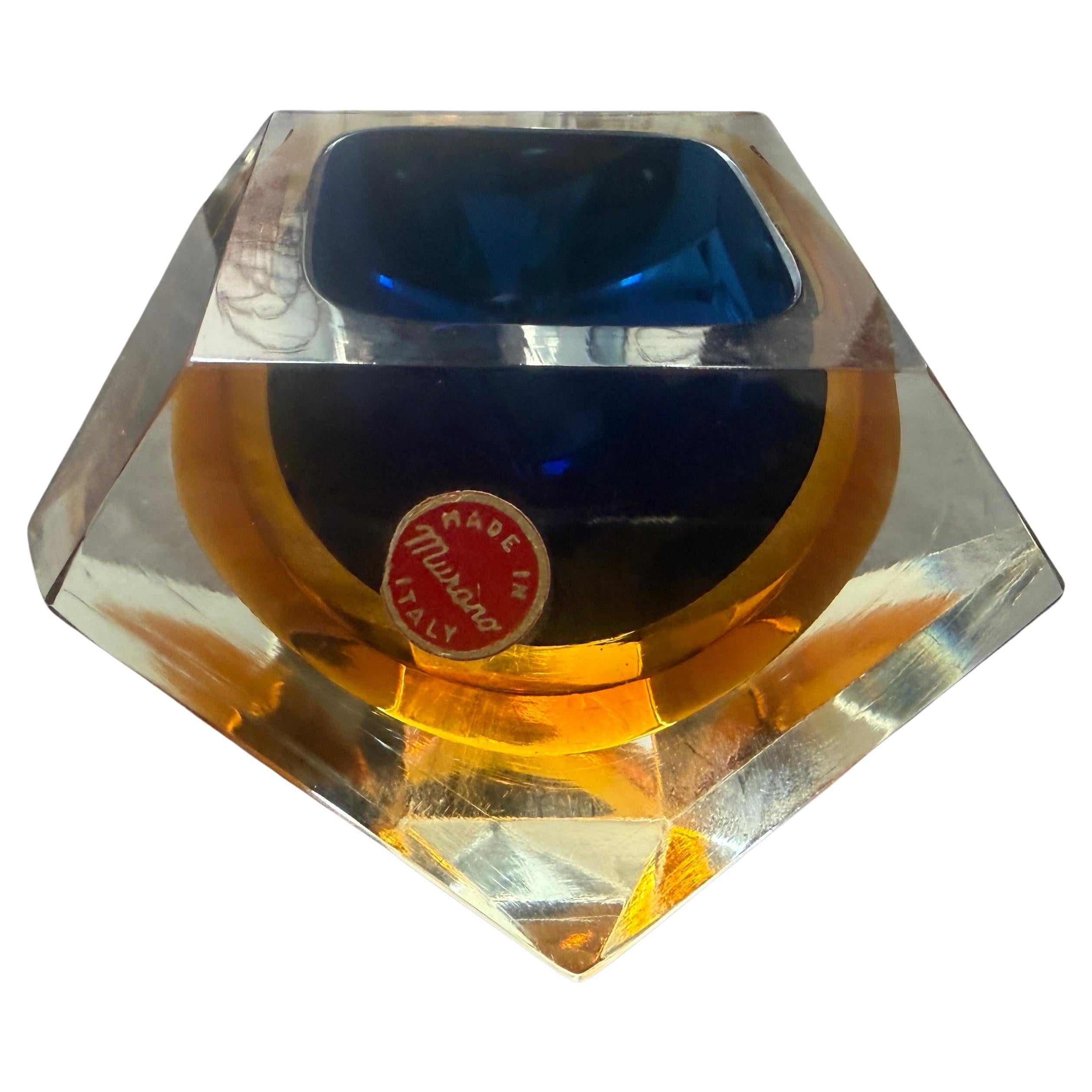 1970s Modern Blue Sommerso Faceted Murano Glass Ashtray by Seguso For Sale