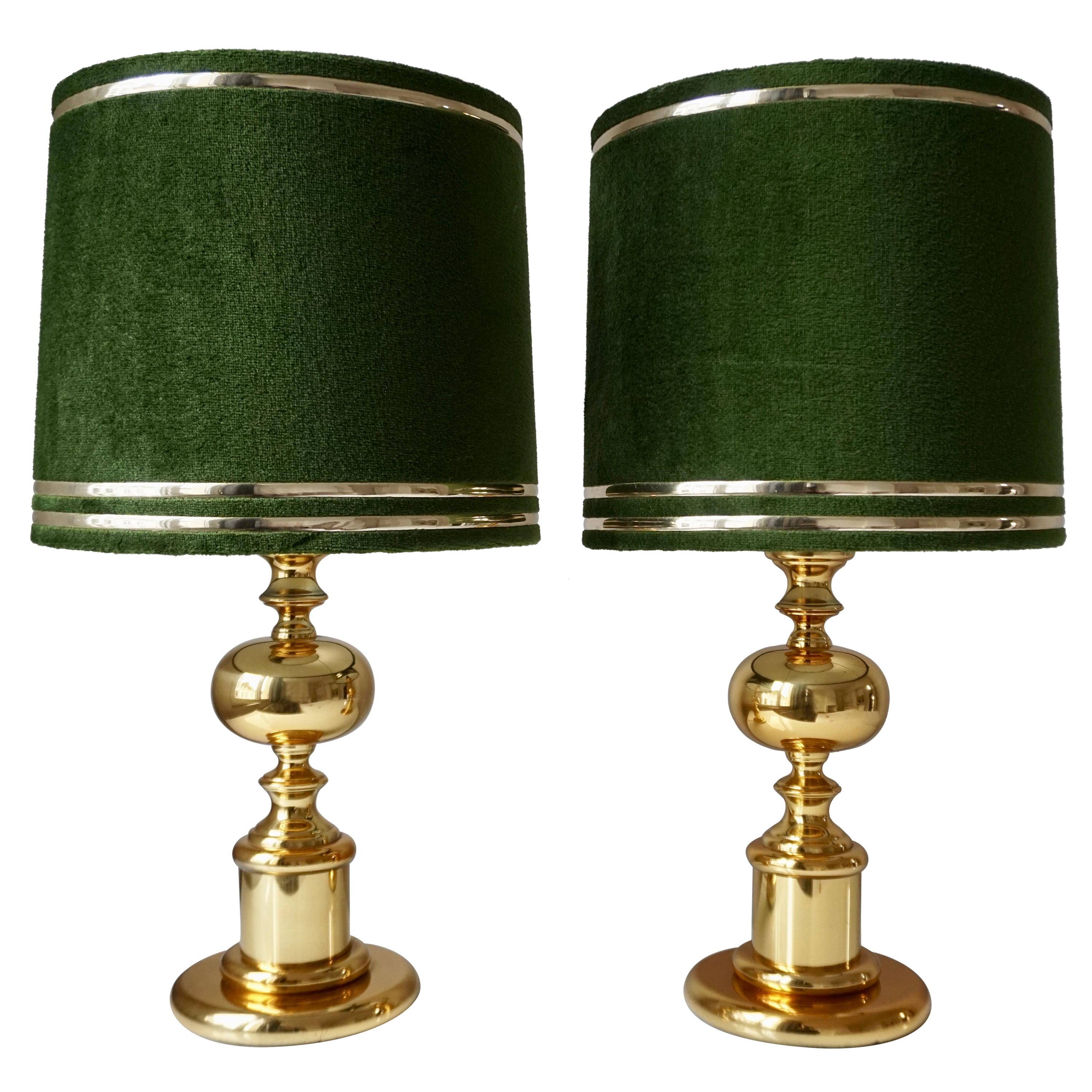 Pair of 1970s Modern Brass Table Lamps with Green Velvet Shades