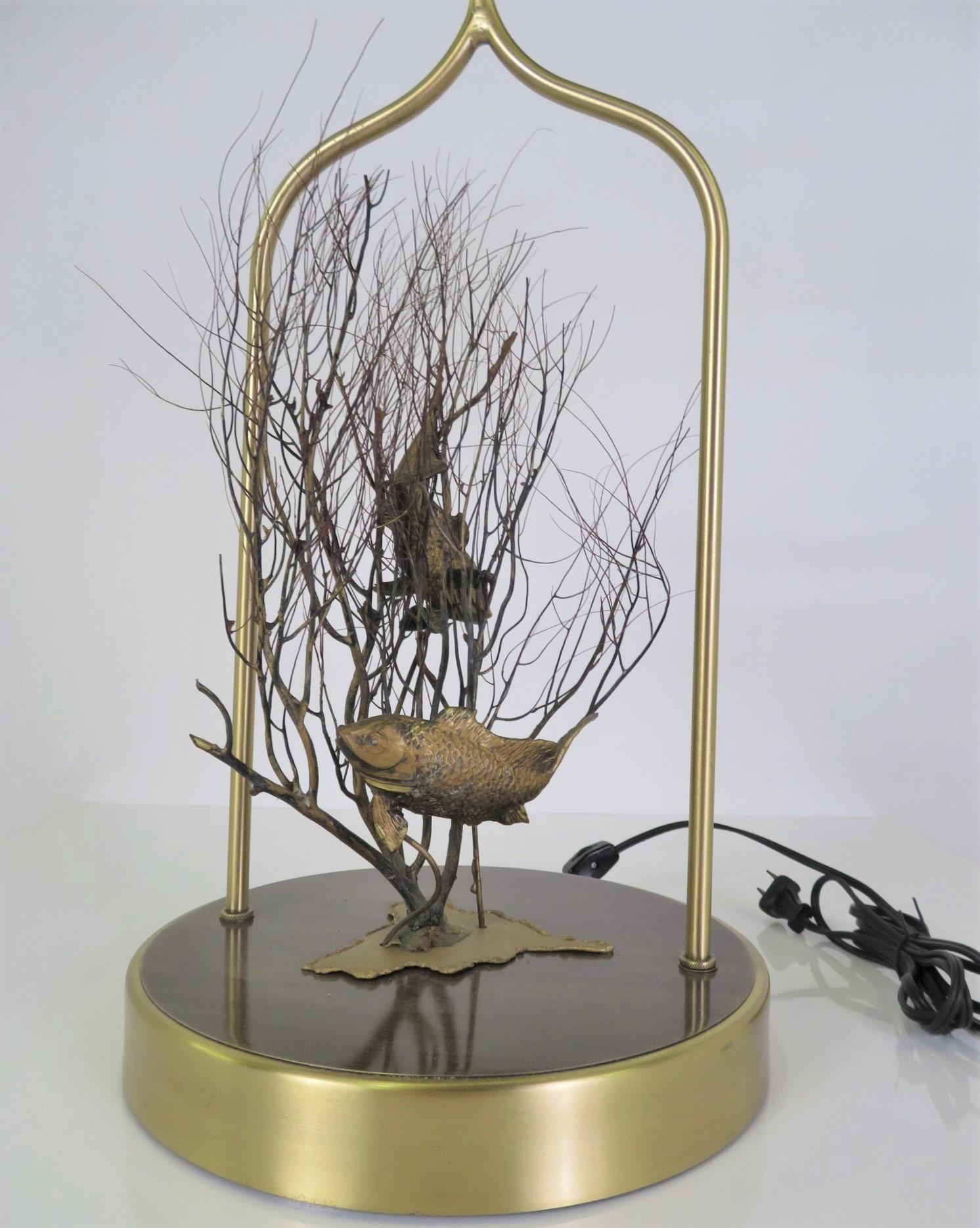 American 1970s Modern Brass Table Lamp with Fish and Coral Sculptural Decoration