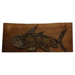 1970s Modern Brutalist Wall Art Bronzed Metal Fish on Wood Plaque