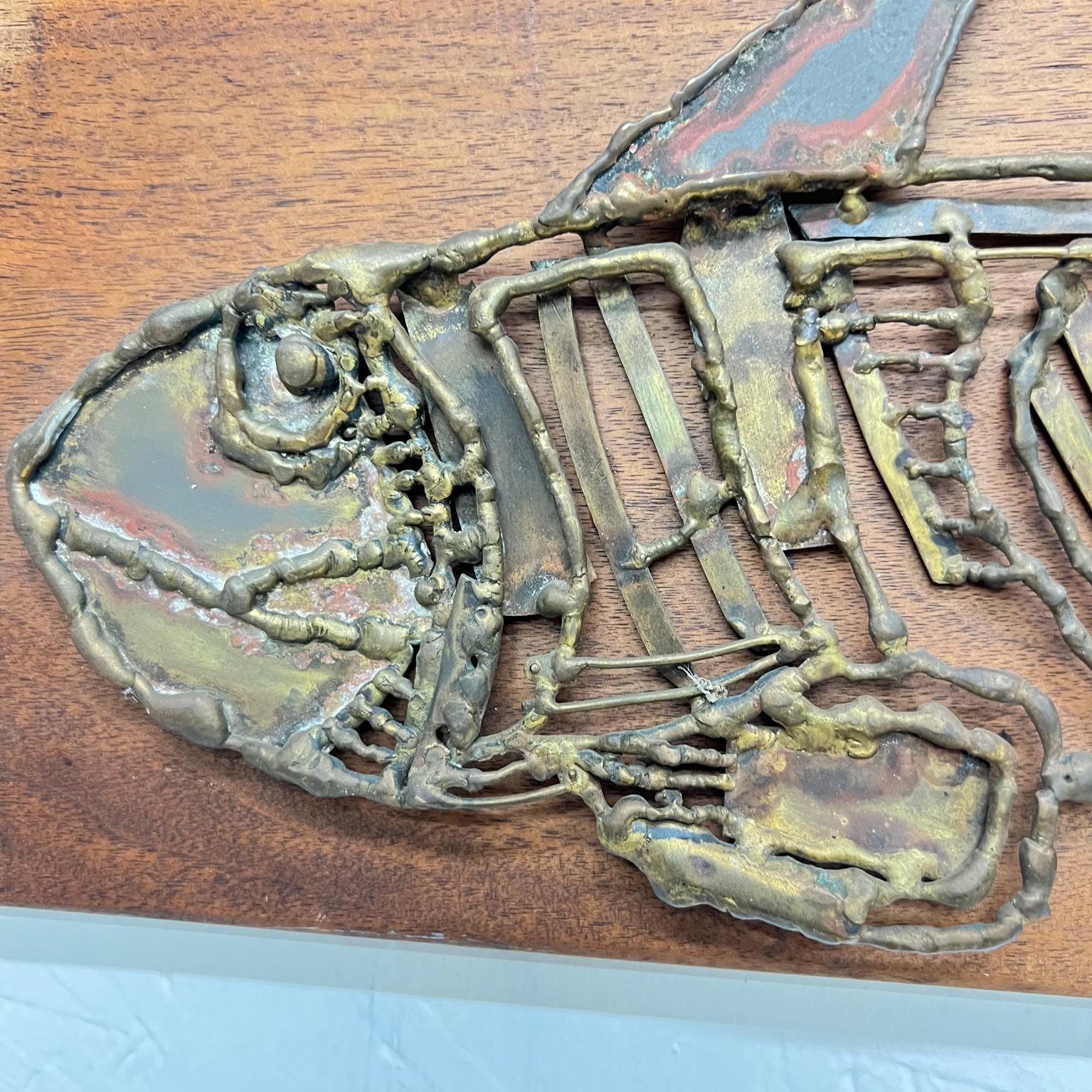 1970s Modern Brutalist Wall Art Bronzed Metal Fish on Wood Plaque 1