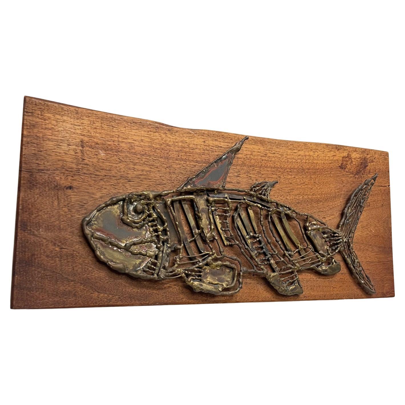 1970s Modern Brutalist Wall Art Bronzed Metal Fish on Wood Plaque For Sale