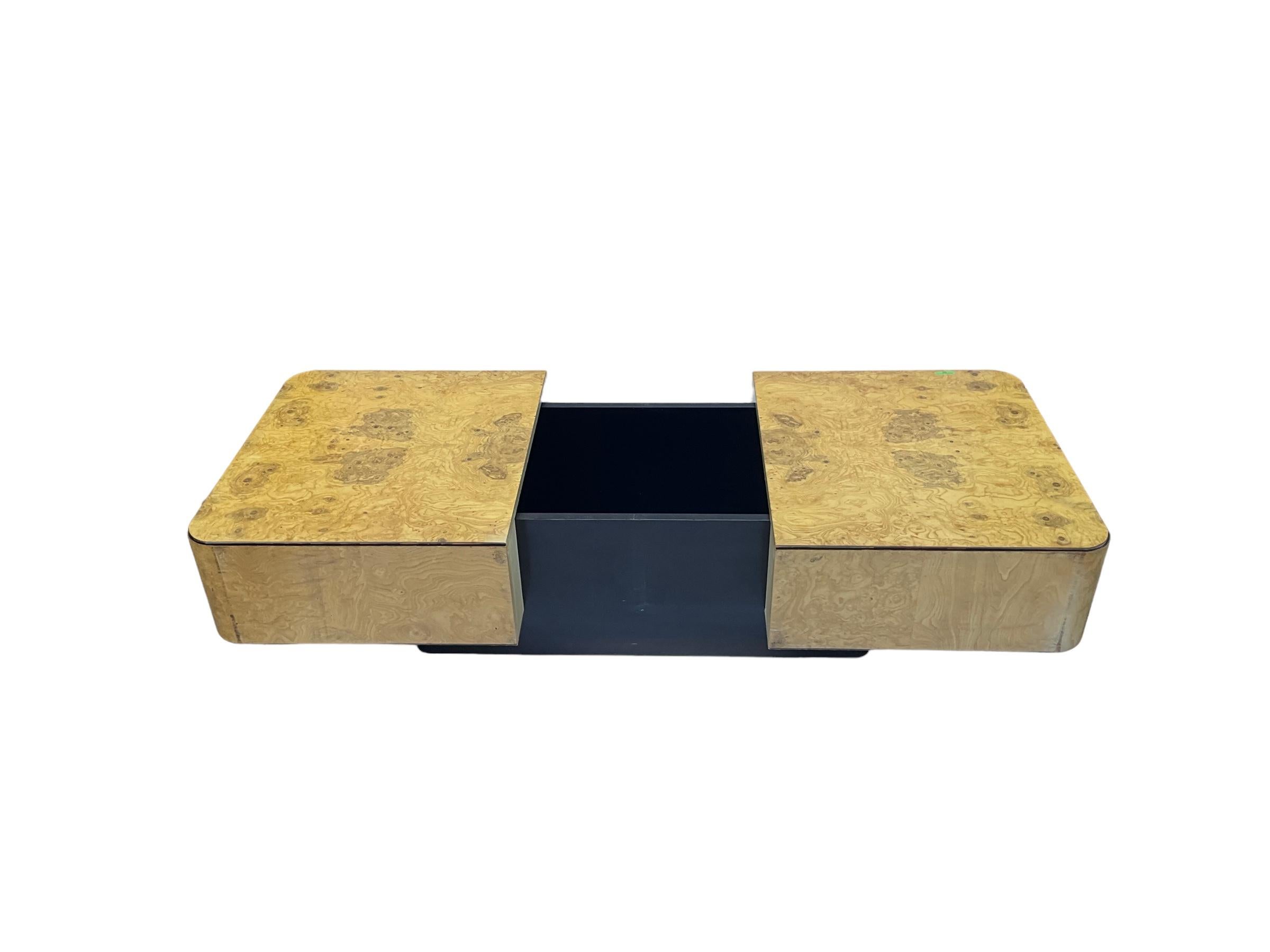 Mid-Century Modern 1970s Modern Burl Floating Coffee Table With Storage Styled After Milo Baughman  For Sale