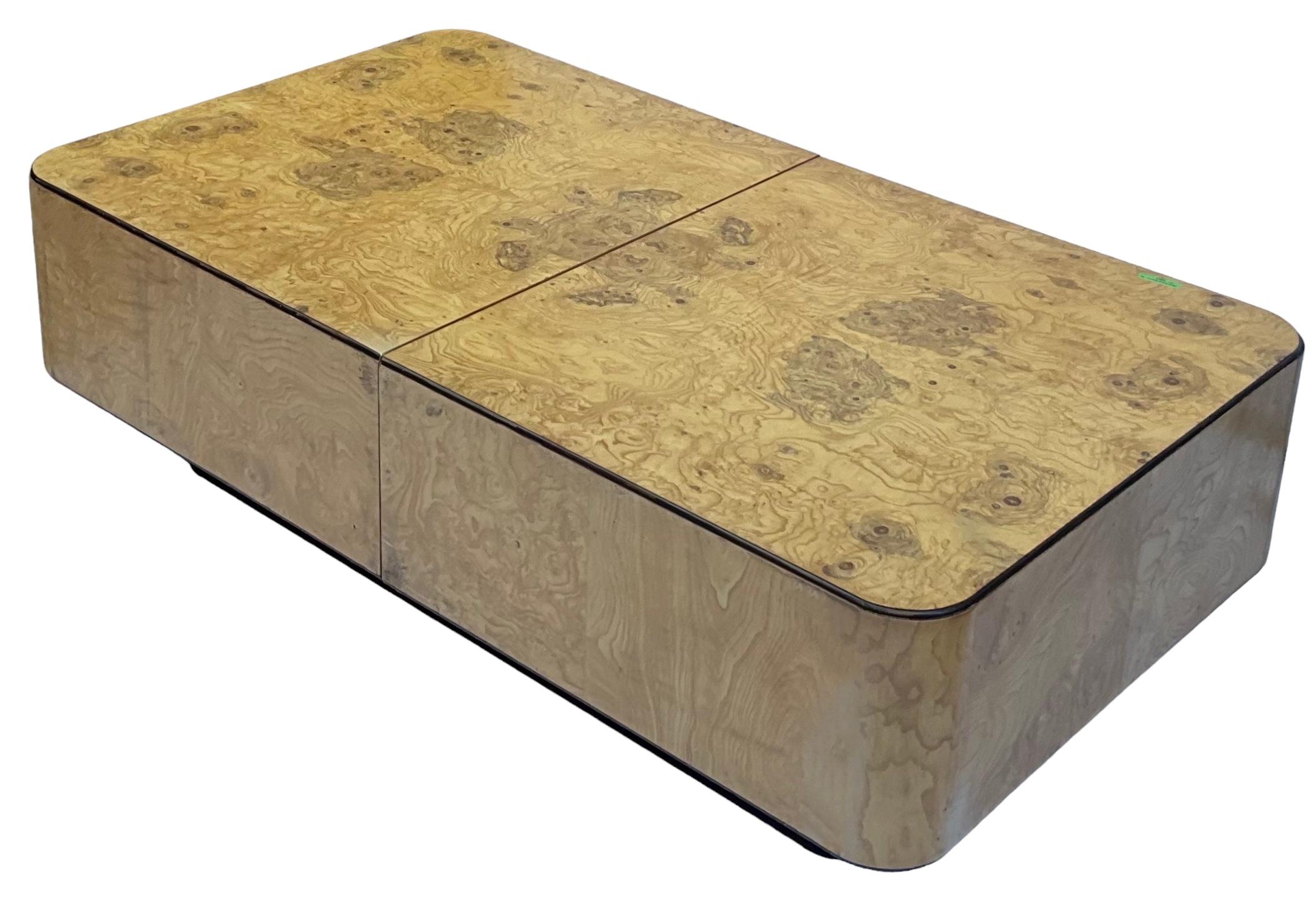 1970s Modern Burl Floating Coffee Table With Storage Styled After Milo Baughman  In Distressed Condition For Sale In Kennesaw, GA