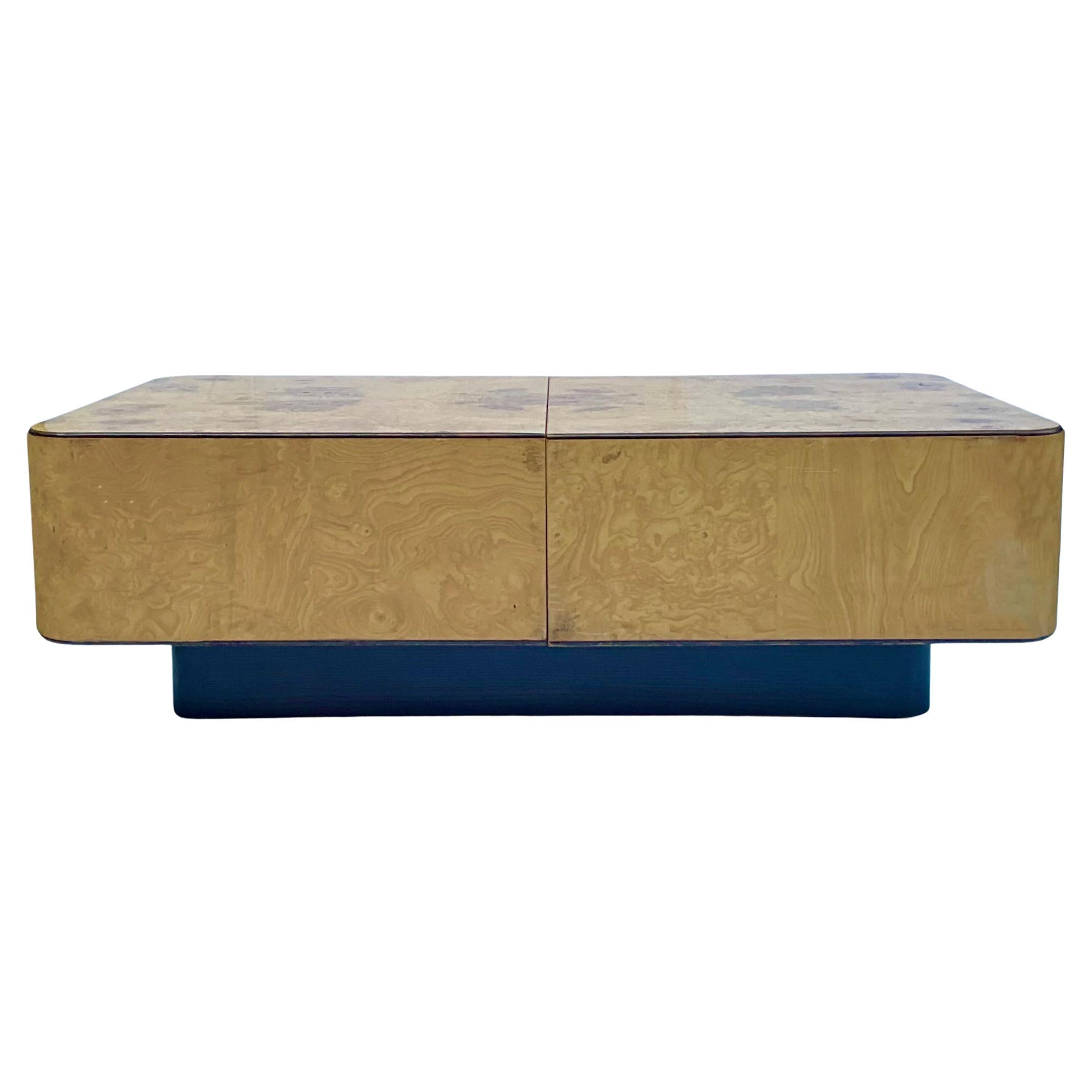 1970s Modern Burl Floating Coffee Table With Storage Styled After Milo Baughman  For Sale