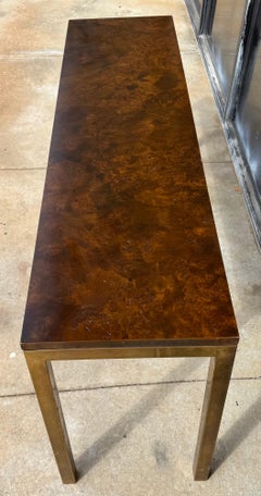 1970s Modern Burl Walnut and Brass Parson’s Style Console Table / Slim Desk