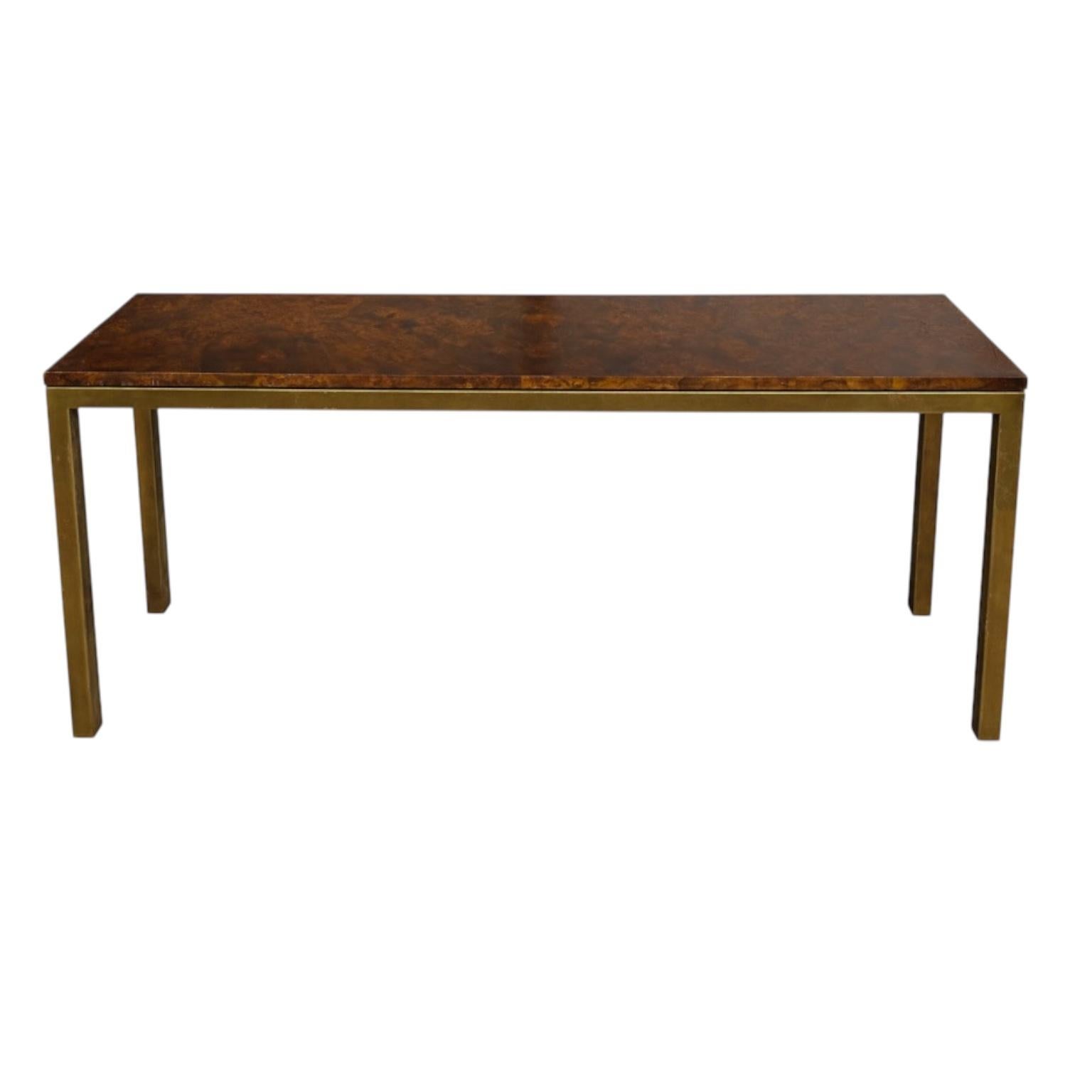 1970s Modern Burl Walnut and Brass Parson’s Style Console Table / Slim Desk For Sale
