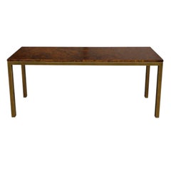 1970s Modern Burl Walnut and Brass Parson’s Style Console Table / Slim Desk