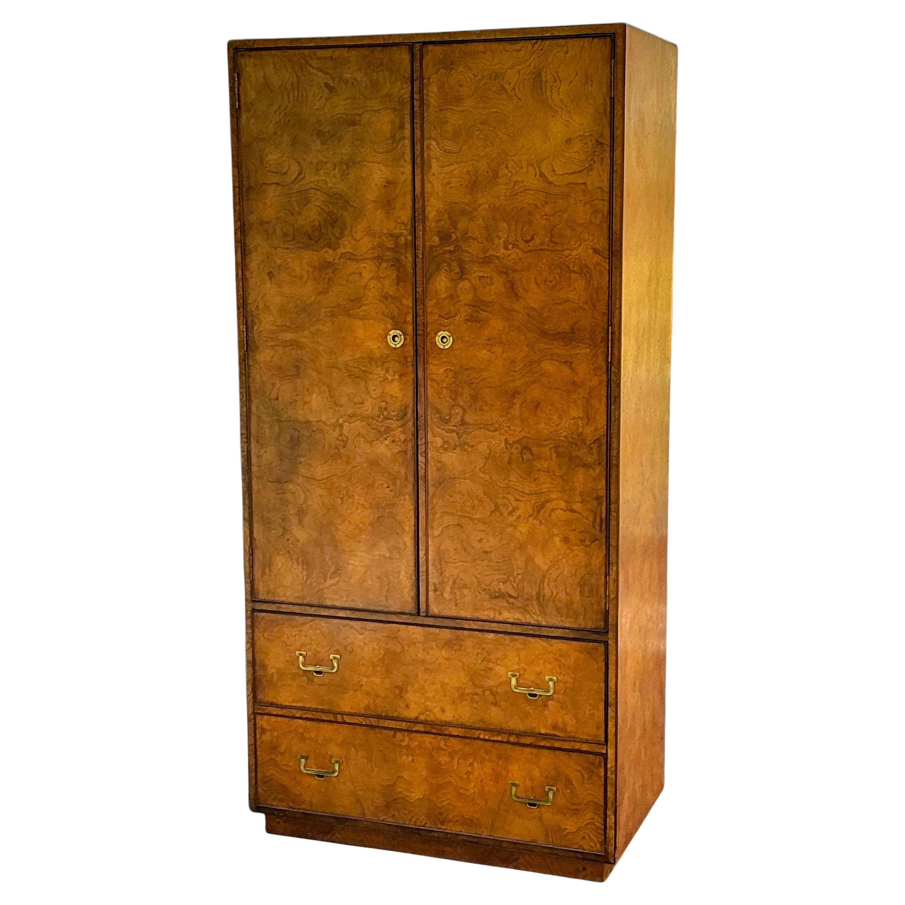 1970s Modern Burlwood Gentleman’s Armoire / Cabinet By John Widdicomb
