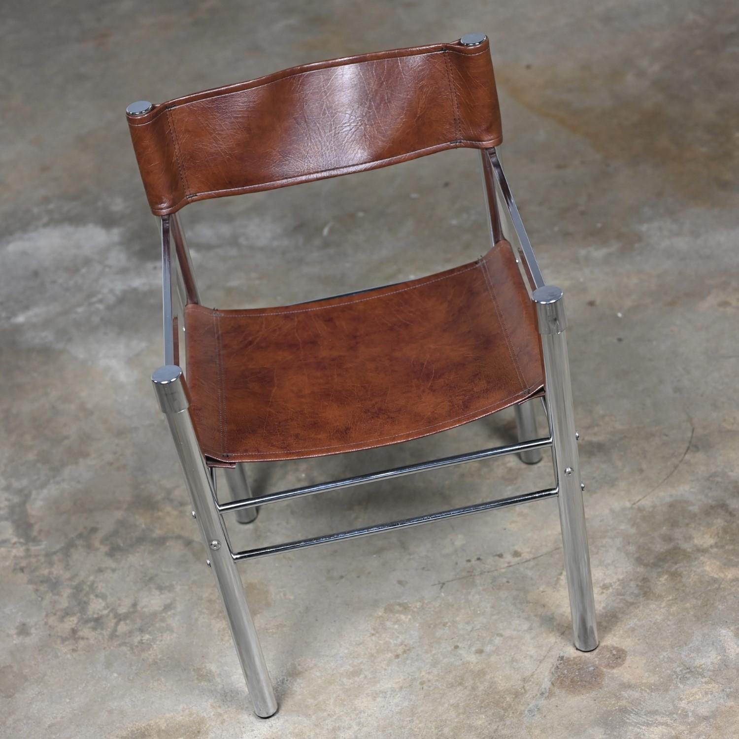 1970’s Modern Chrome & Brown Vinyl James David Style Director’s or Sling Chair 4