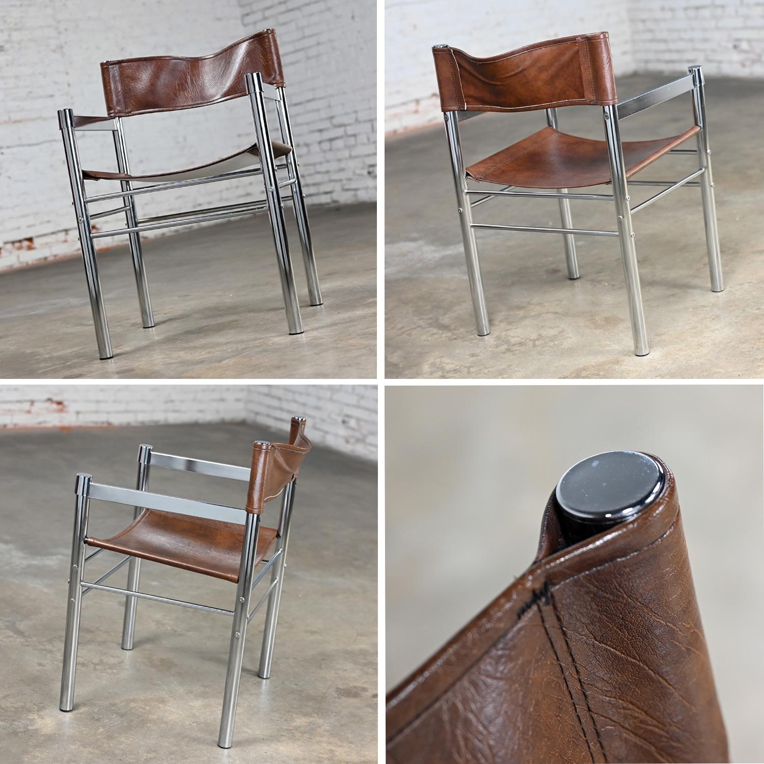 1970’s Modern Chrome & Brown Vinyl James David Style Director’s or Sling Chair 8