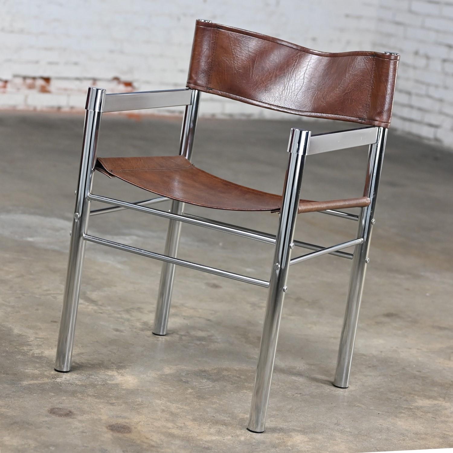 1970’s Modern Chrome & Brown Vinyl James David Style Director’s or Sling Chair 11