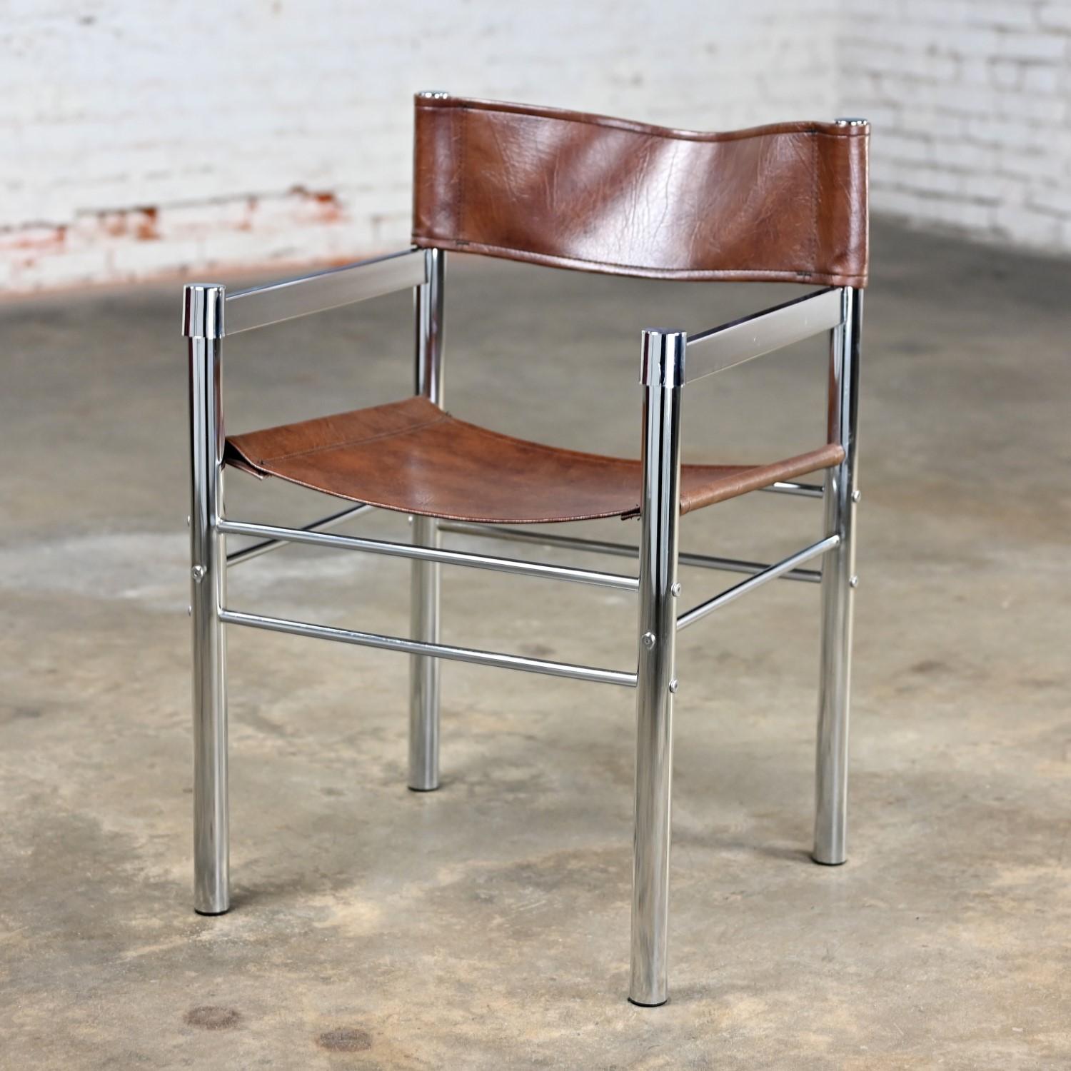 Unknown 1970’s Modern Chrome & Brown Vinyl James David Style Director’s or Sling Chair