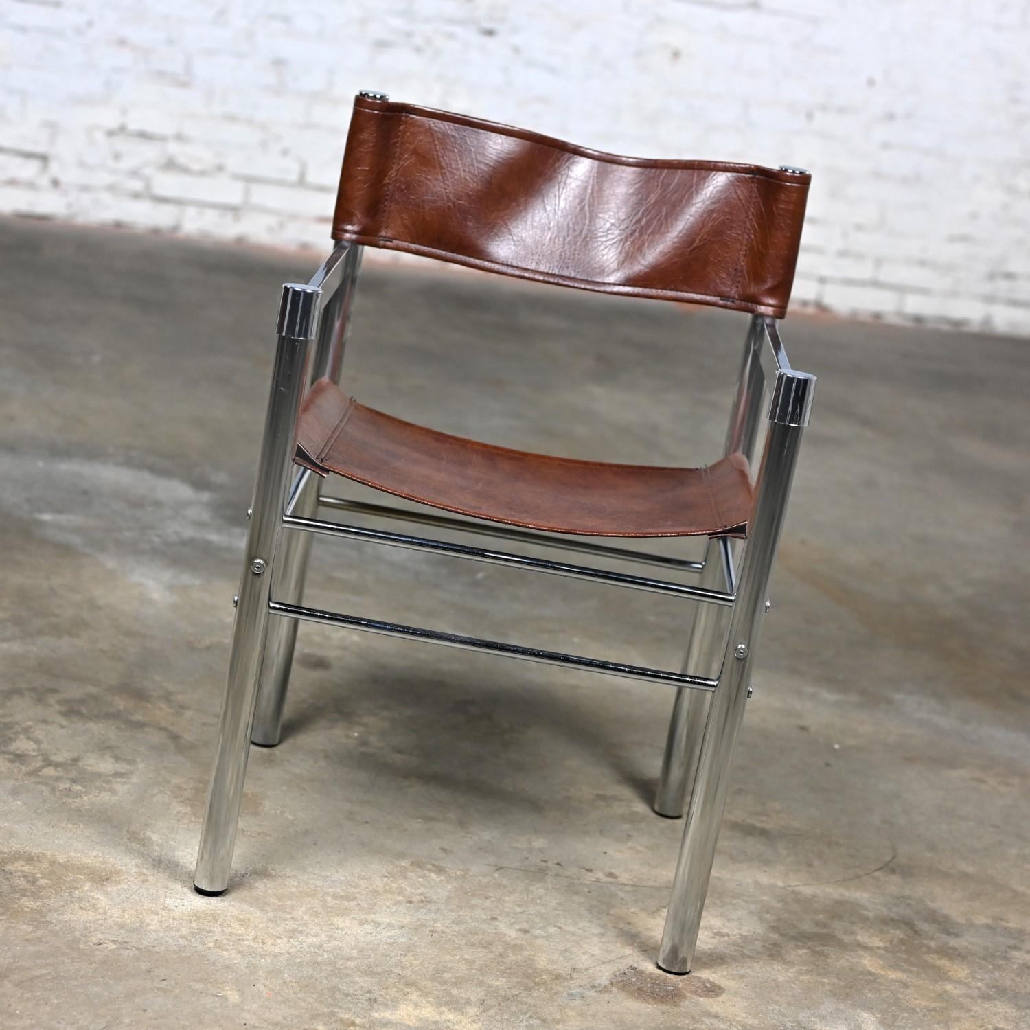 1970’s Modern Chrome & Brown Vinyl James David Style Director’s or Sling Chair In Good Condition In Topeka, KS