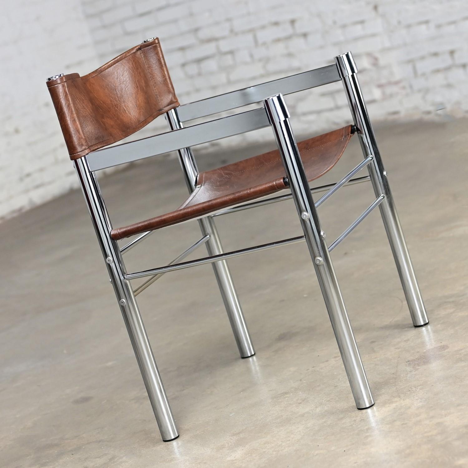 Late 20th Century 1970’s Modern Chrome & Brown Vinyl James David Style Director’s or Sling Chair
