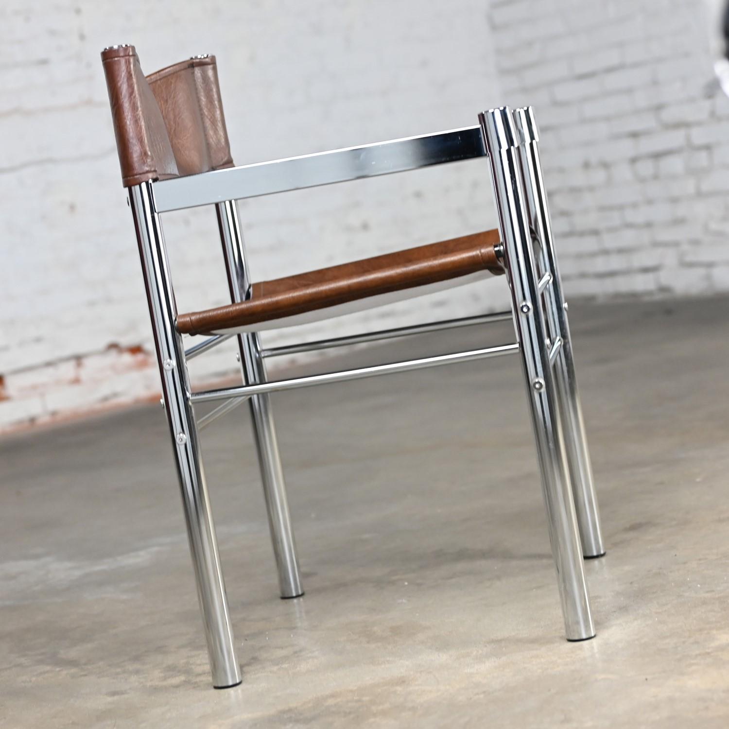 Faux Leather 1970’s Modern Chrome & Brown Vinyl James David Style Director’s or Sling Chair