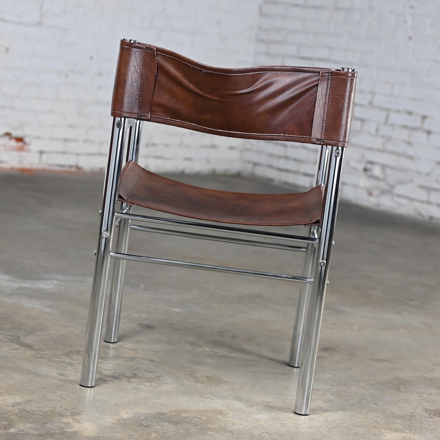 1970’s Modern Chrome & Brown Vinyl James David Style Director’s or Sling Chair 1