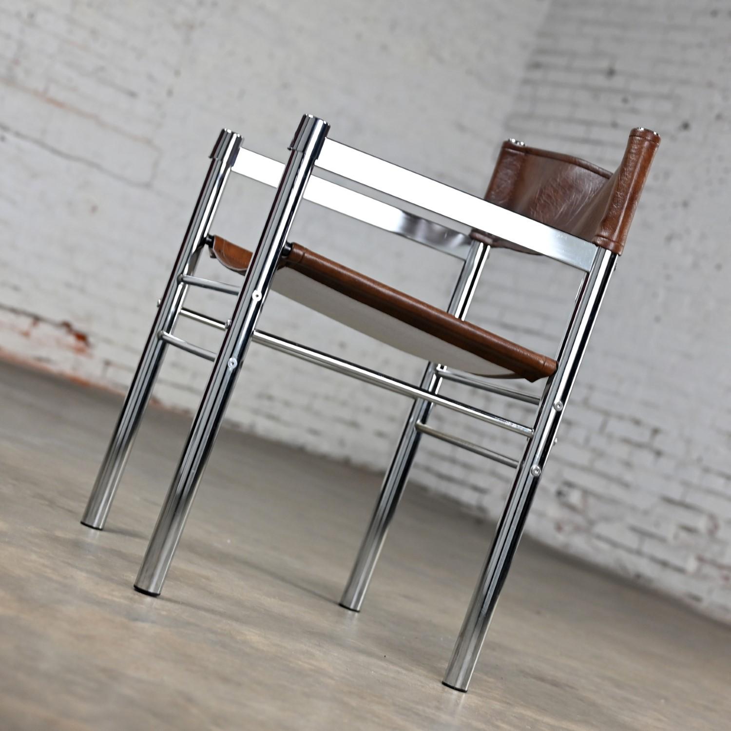 1970’s Modern Chrome & Brown Vinyl James David Style Director’s or Sling Chair 2