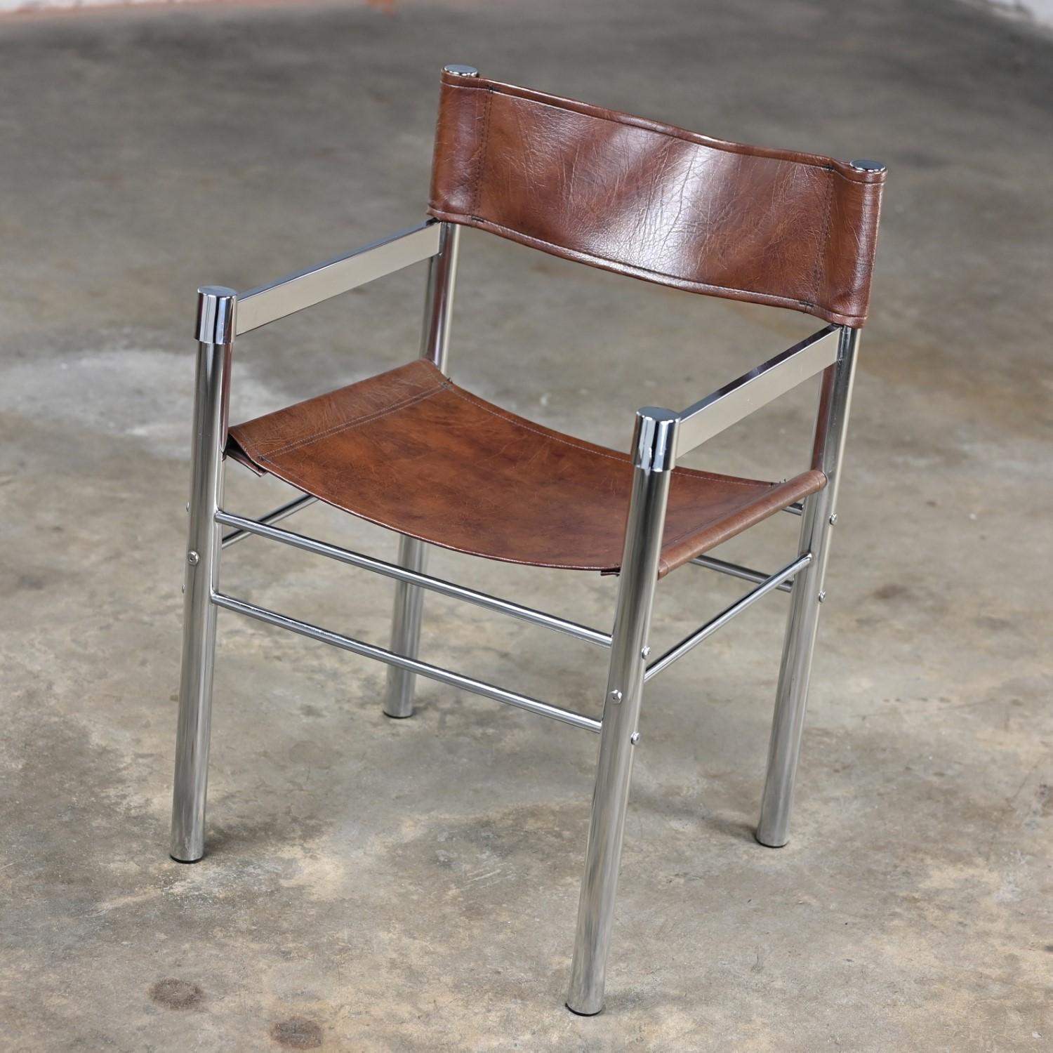 1970’s Modern Chrome & Brown Vinyl James David Style Director’s or Sling Chair 3