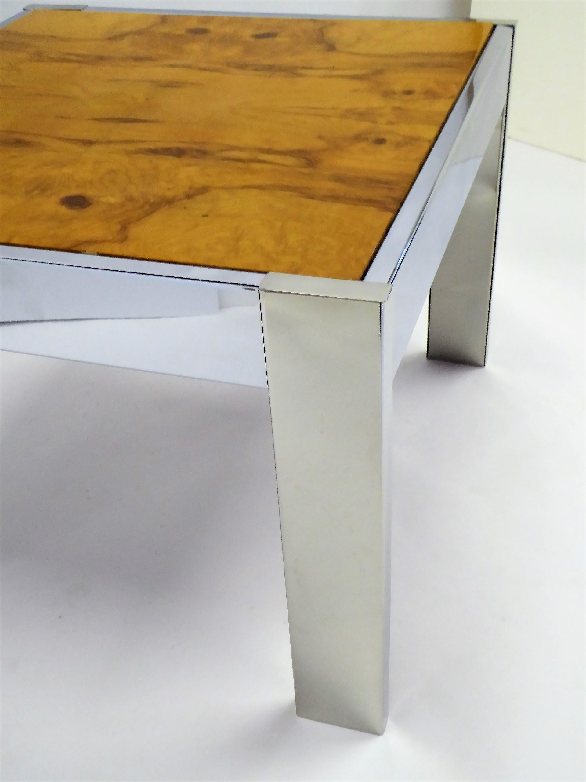 Mexican 1970s Modern Chrome and Burl Wood Side Table in the Style of Milo Baughman