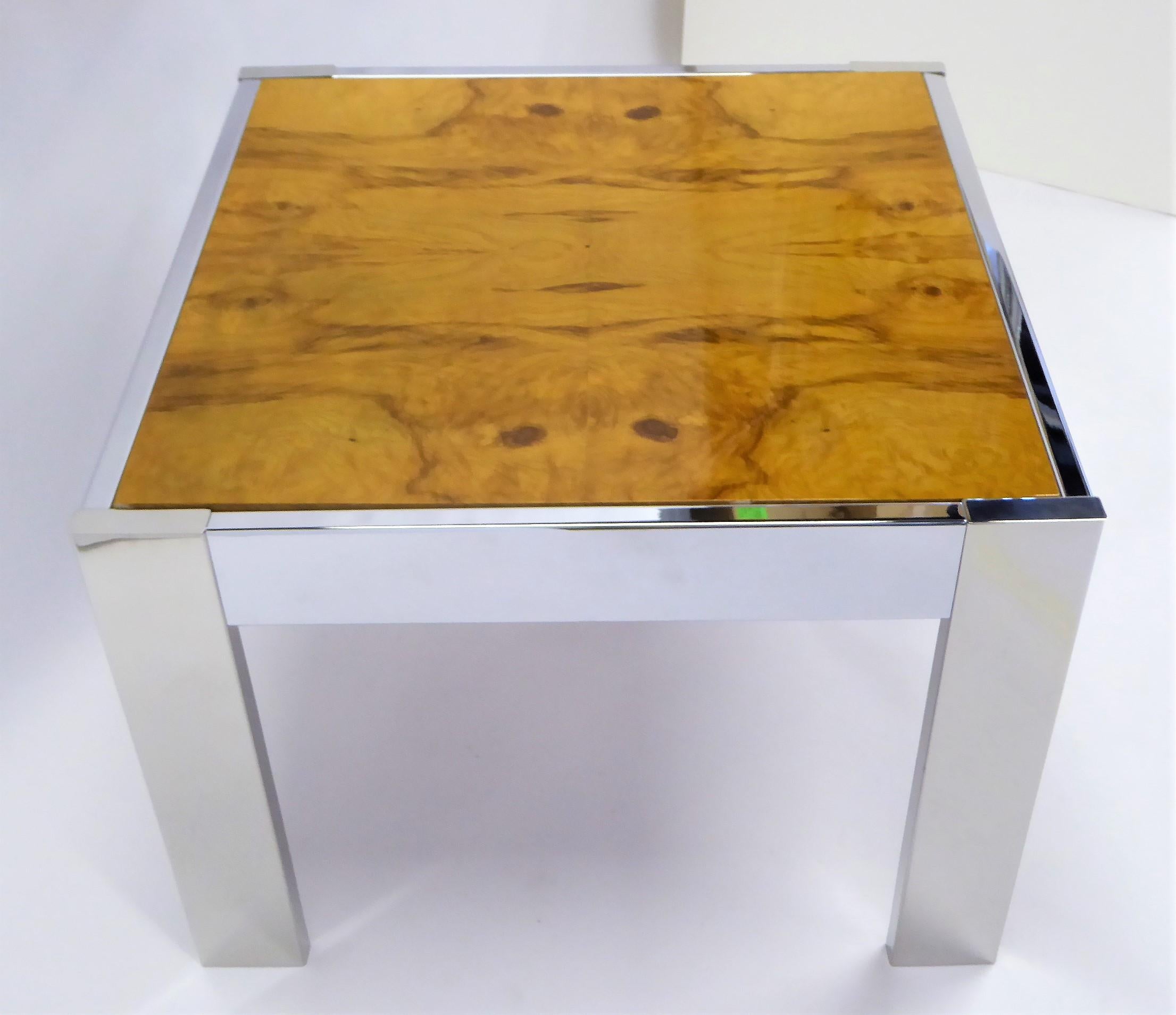 1970s Modern Chrome and Burl Wood Side Table in the Style of Milo Baughman In Good Condition In Miami, FL