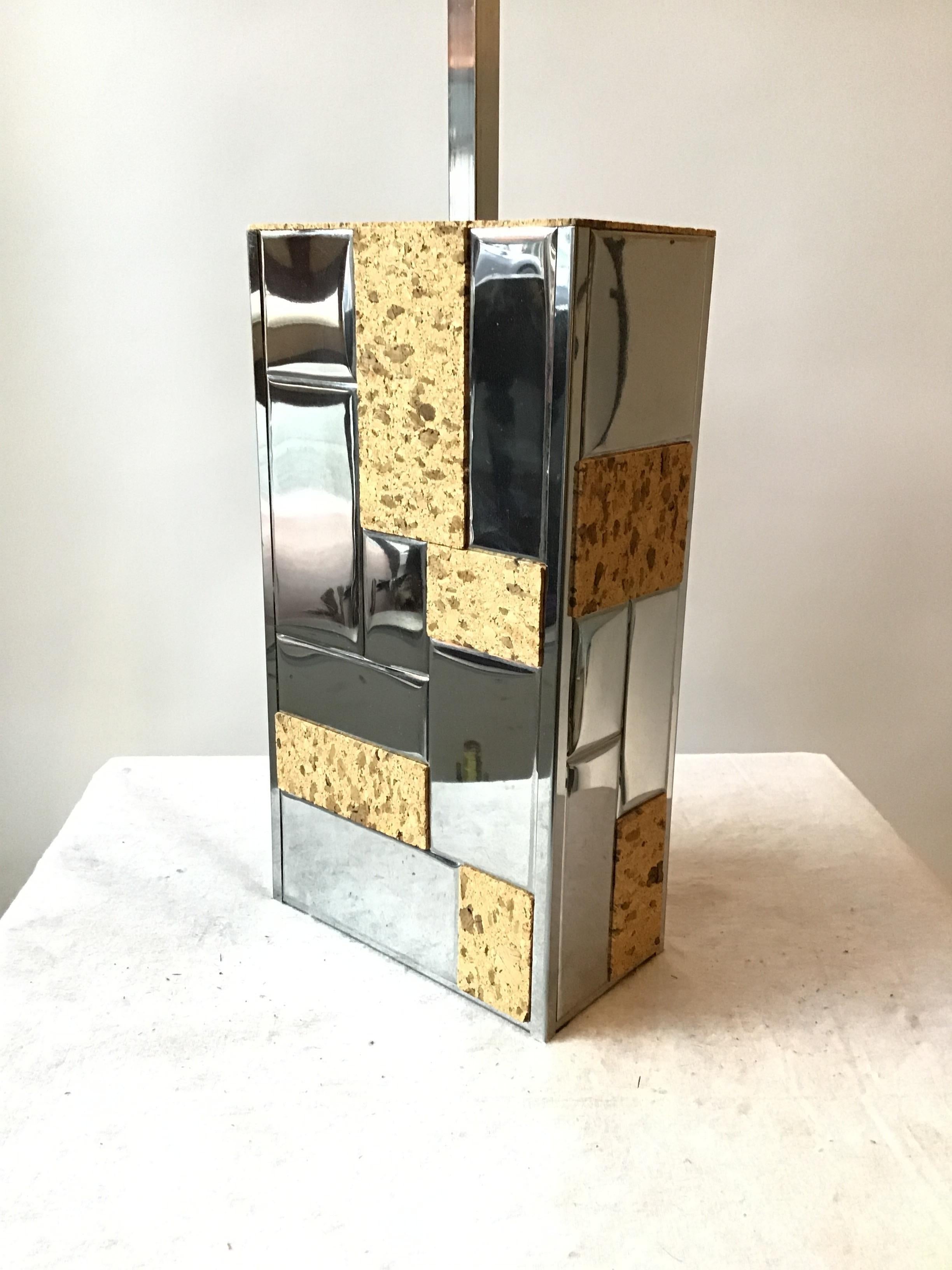 1970s Paul Evans Cityscape  Style  Chrome and Cork Table Lamp In Good Condition For Sale In Tarrytown, NY