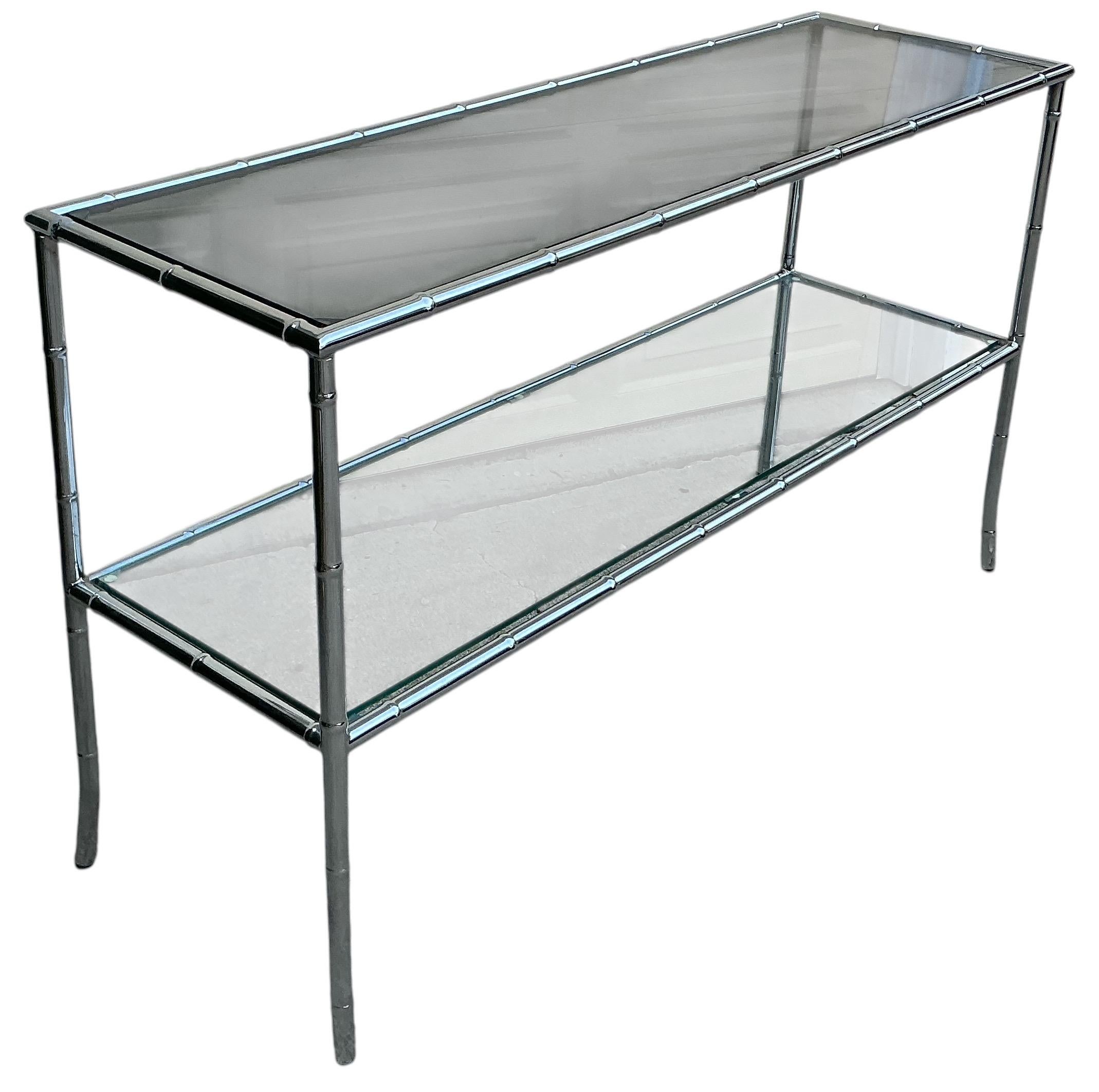 1970er Jahre Moderne Chrom Faux Bambus Glasplatte Konsole / Sofa Tisch im Angebot 1
