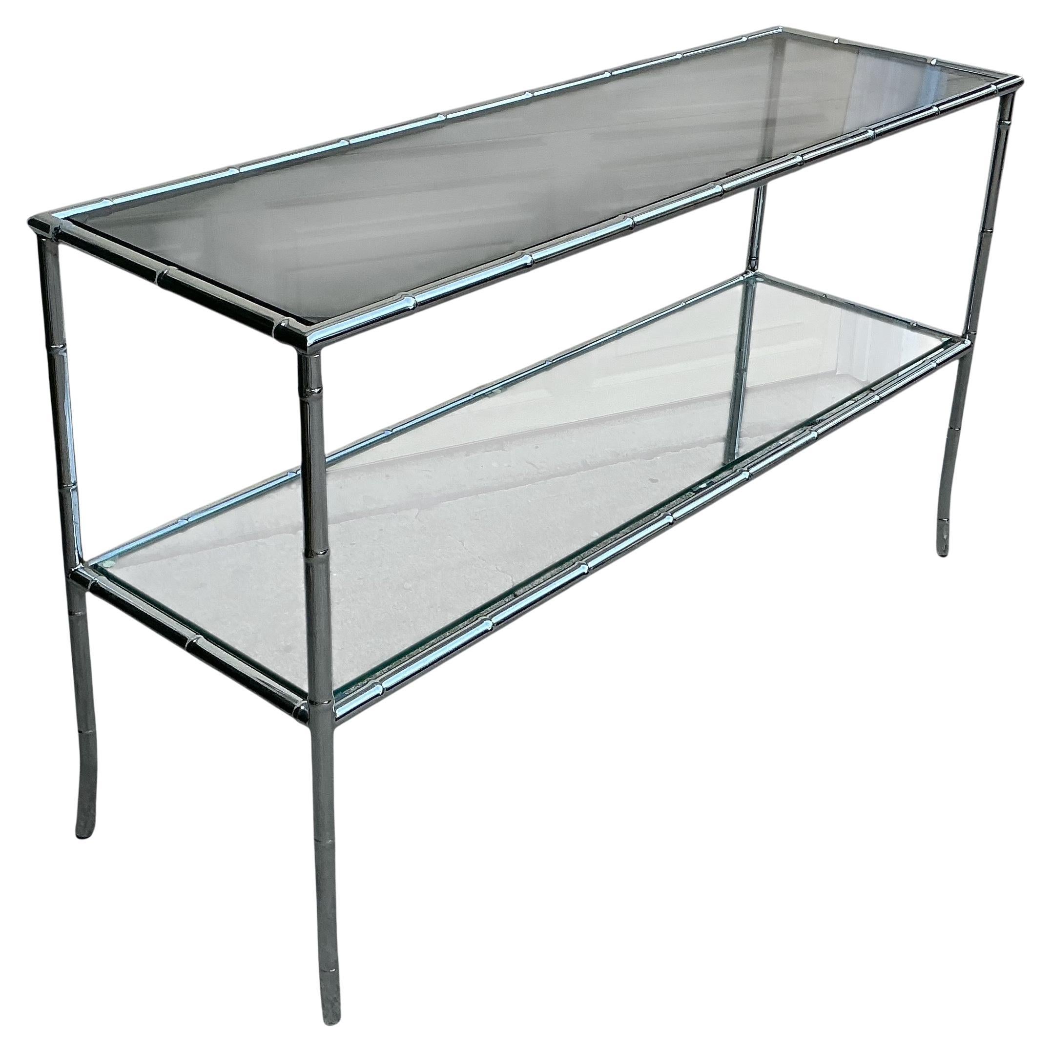 1970er Jahre Moderne Chrom Faux Bambus Glasplatte Konsole / Sofa Tisch im Angebot