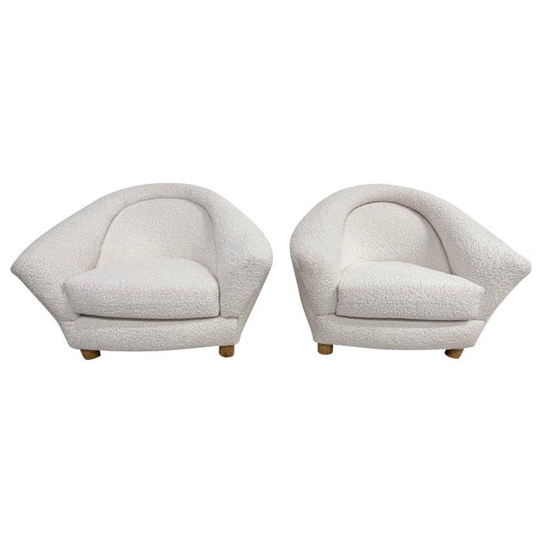1970s French style elegant Pair of Plush Polar Bear off white Lounge Chairs 
27.5 H x 40.5 W x 29 D x 16 inches Seat height
New upholstery plush ivory.
Original preowned vintage very good condition.
Please review images provided.