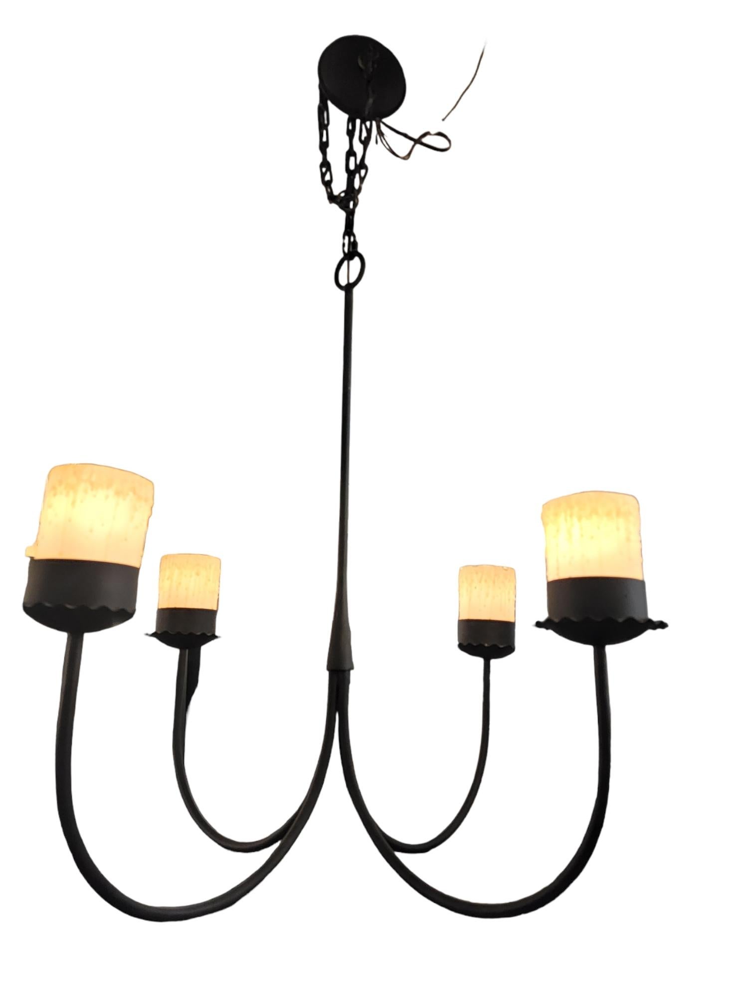 1970s Modern Gothic Metal 4 Light Chandelier For Sale