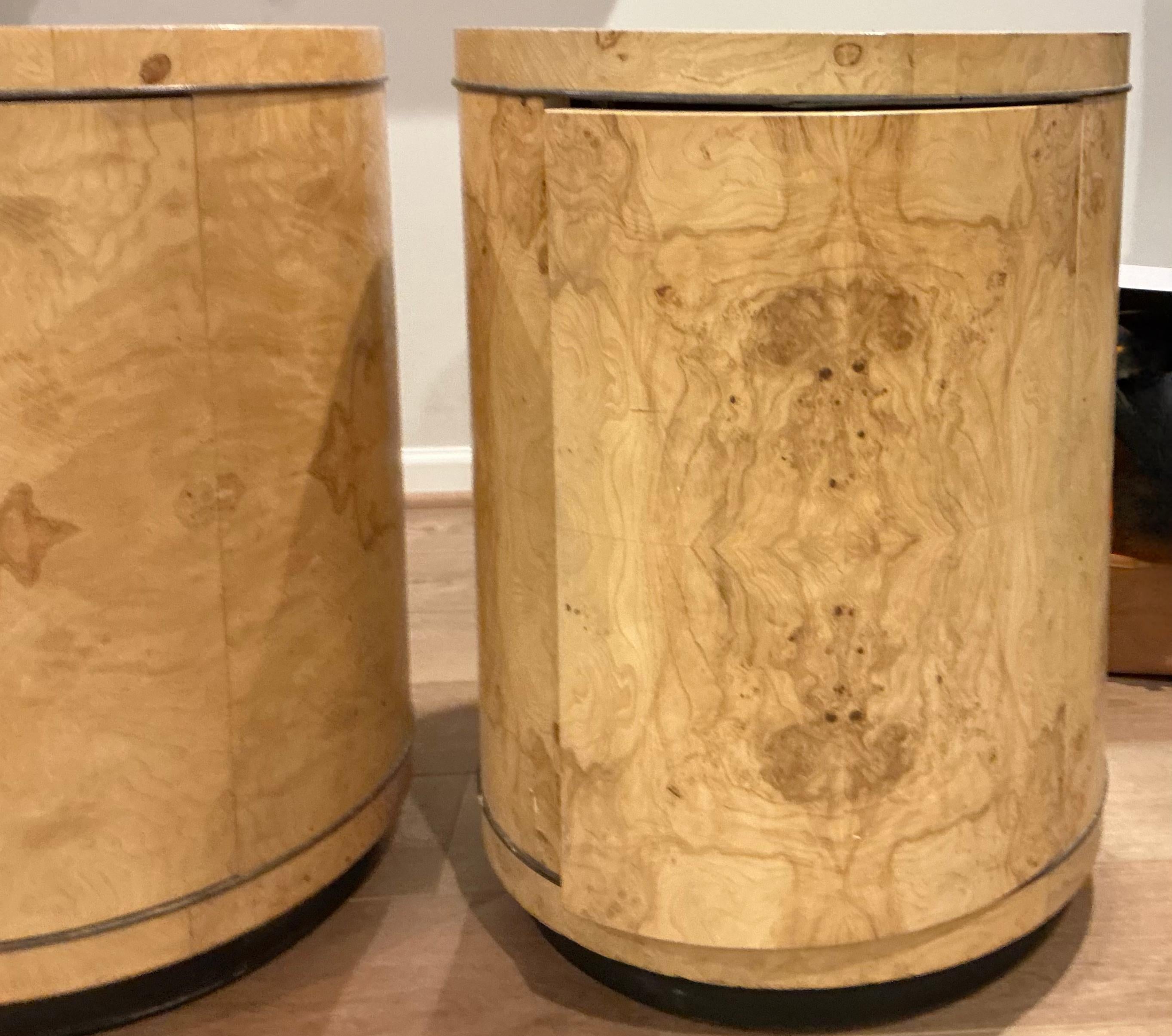 1970s Modern Henredon Scene 2 Olive Burl Wood Cylinder Form Side Tables -Pair 1