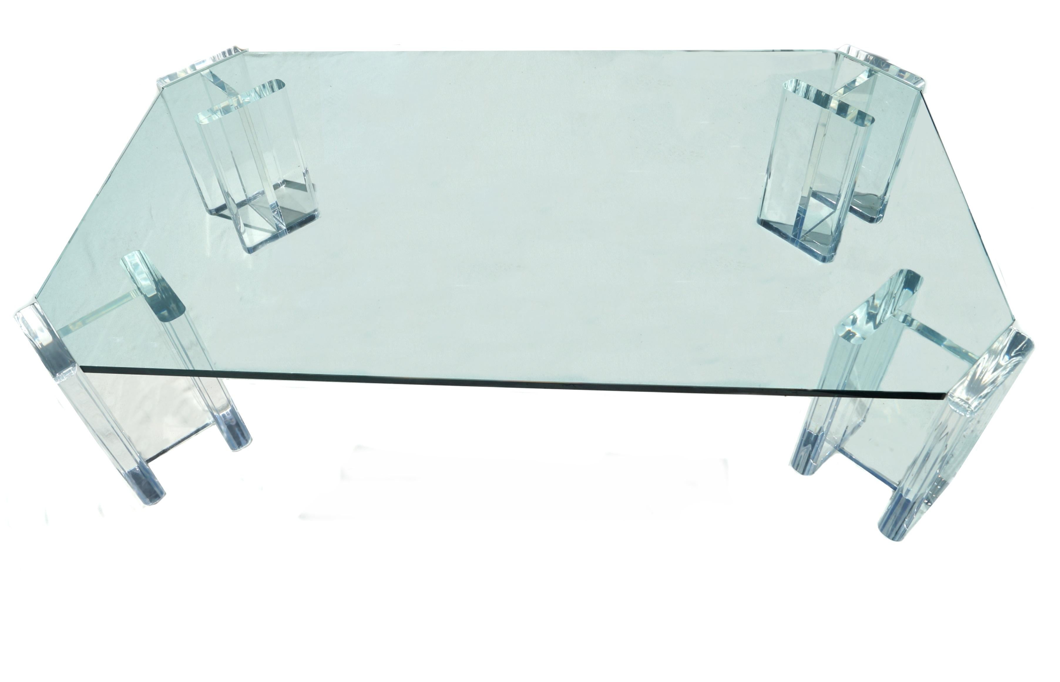 Late 20th Century 1970s Modern Hollywood Regency Lucite Glass Top Coffee Table For Sale