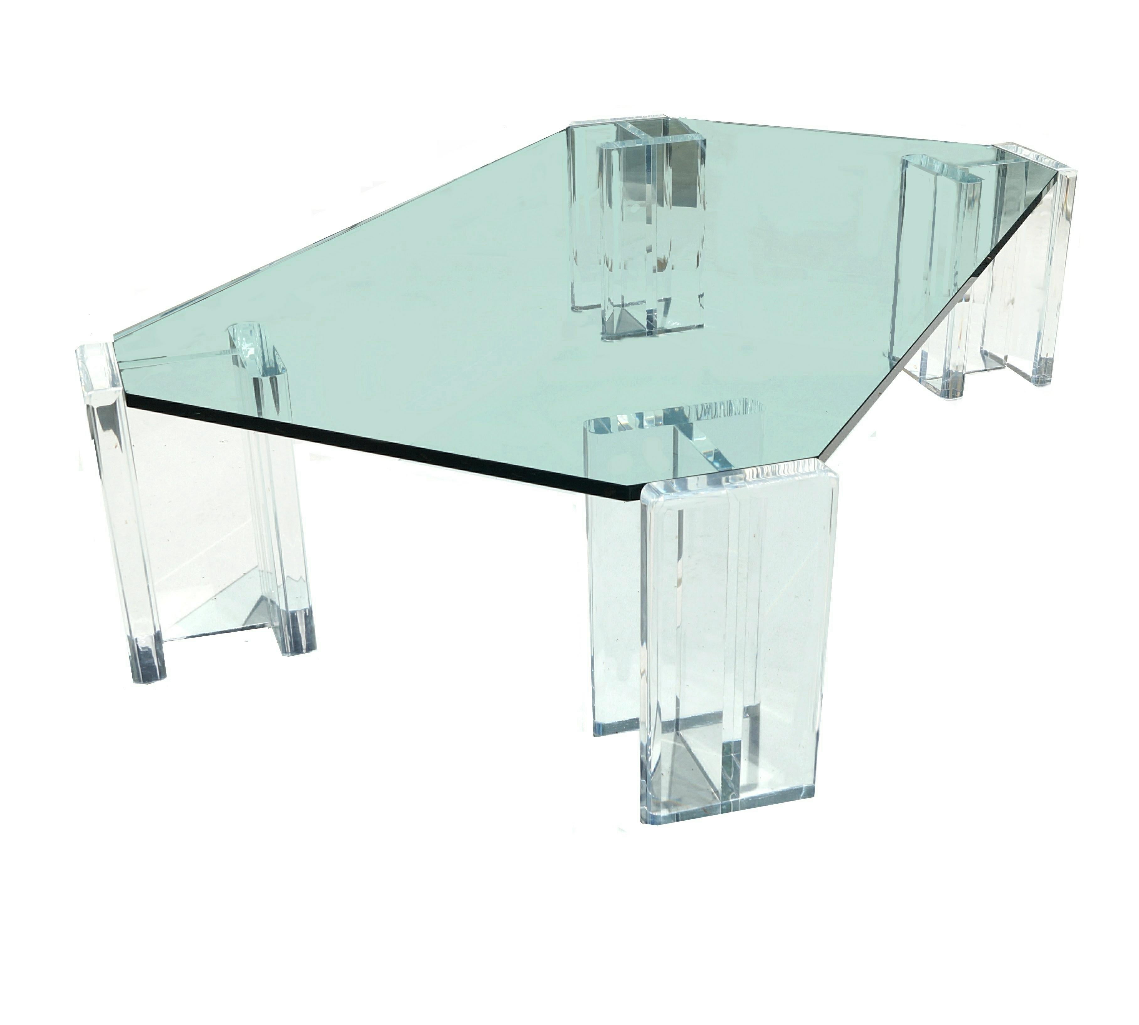 1970s Modern Hollywood Regency Lucite Glass Top Coffee Table