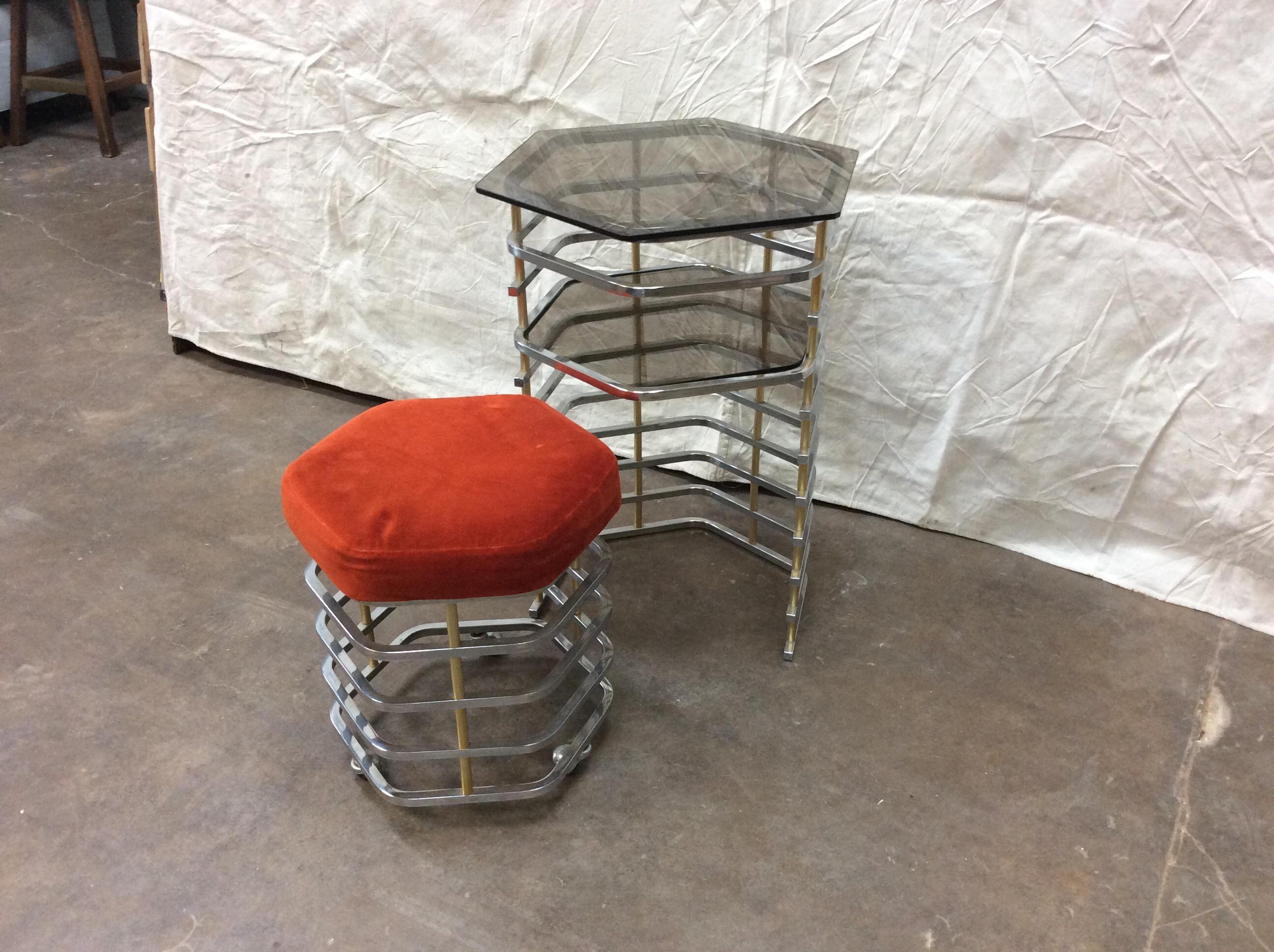 1970s Modern Italian Chrome, Brass and Glass Vanity Table and Stool, 2 Pieces 5