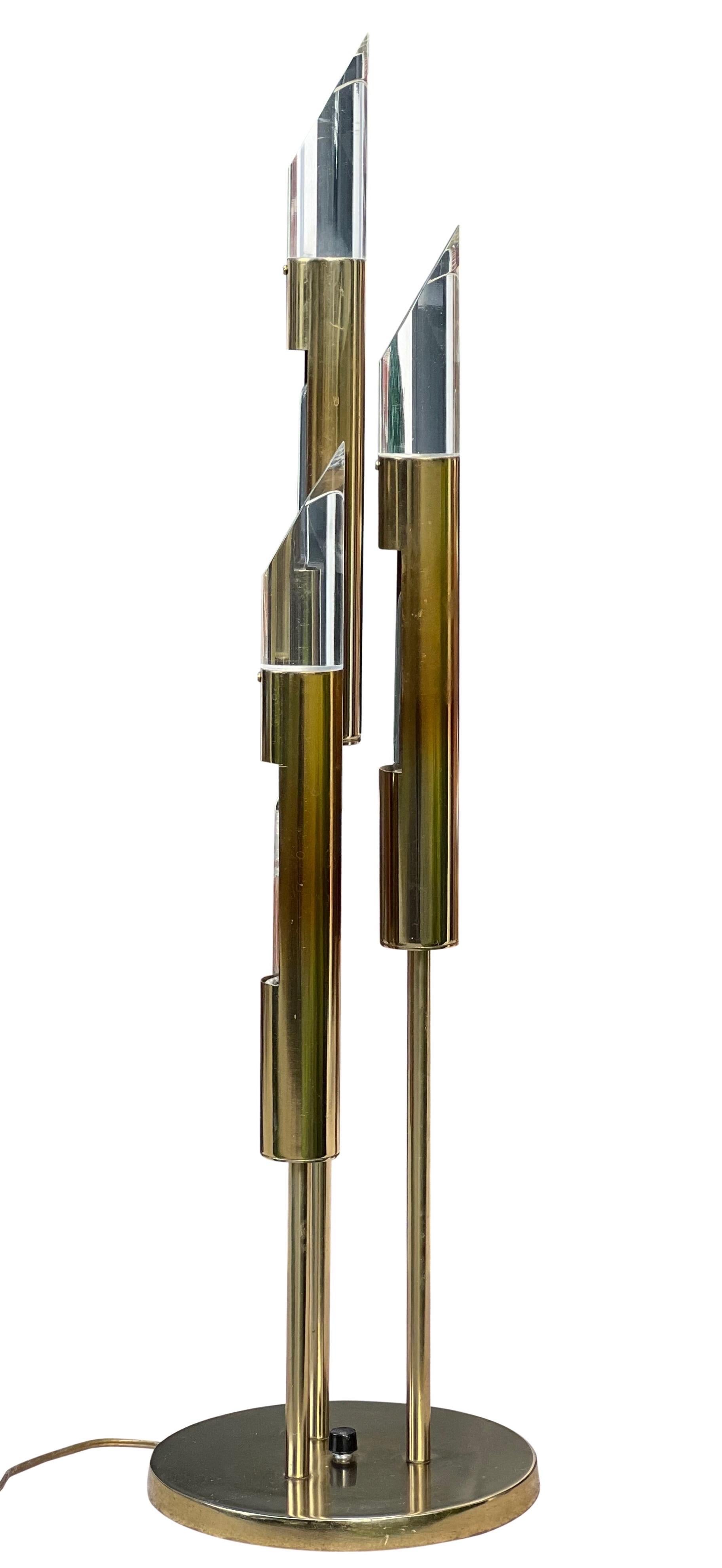 Plated 1970's Modern Italian Space Age Brass and Lucite Table Lamp For Sale