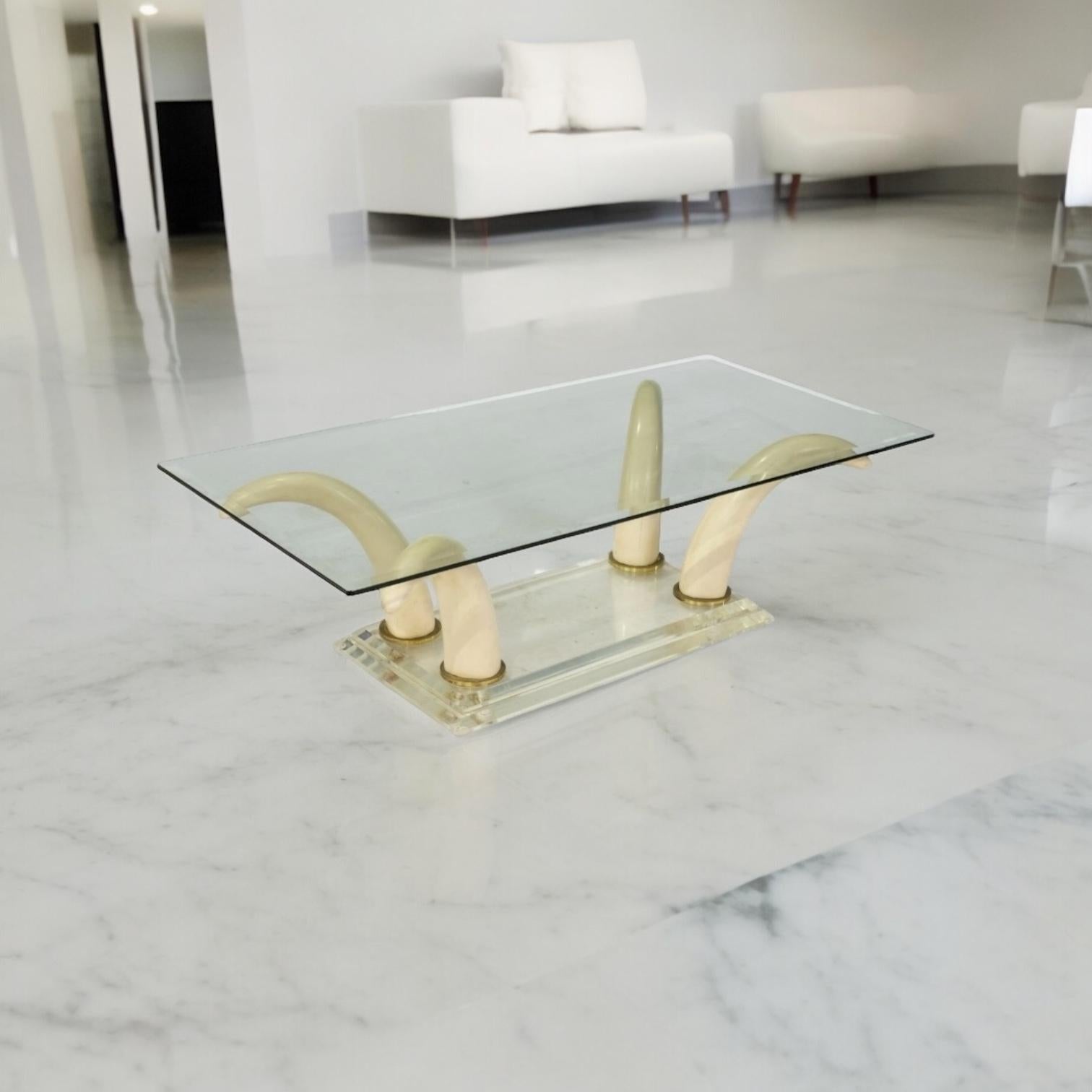 Spanish 1970s Modern Karl Springer Style Faux Tusk, Lucite & Glass Coffee Table