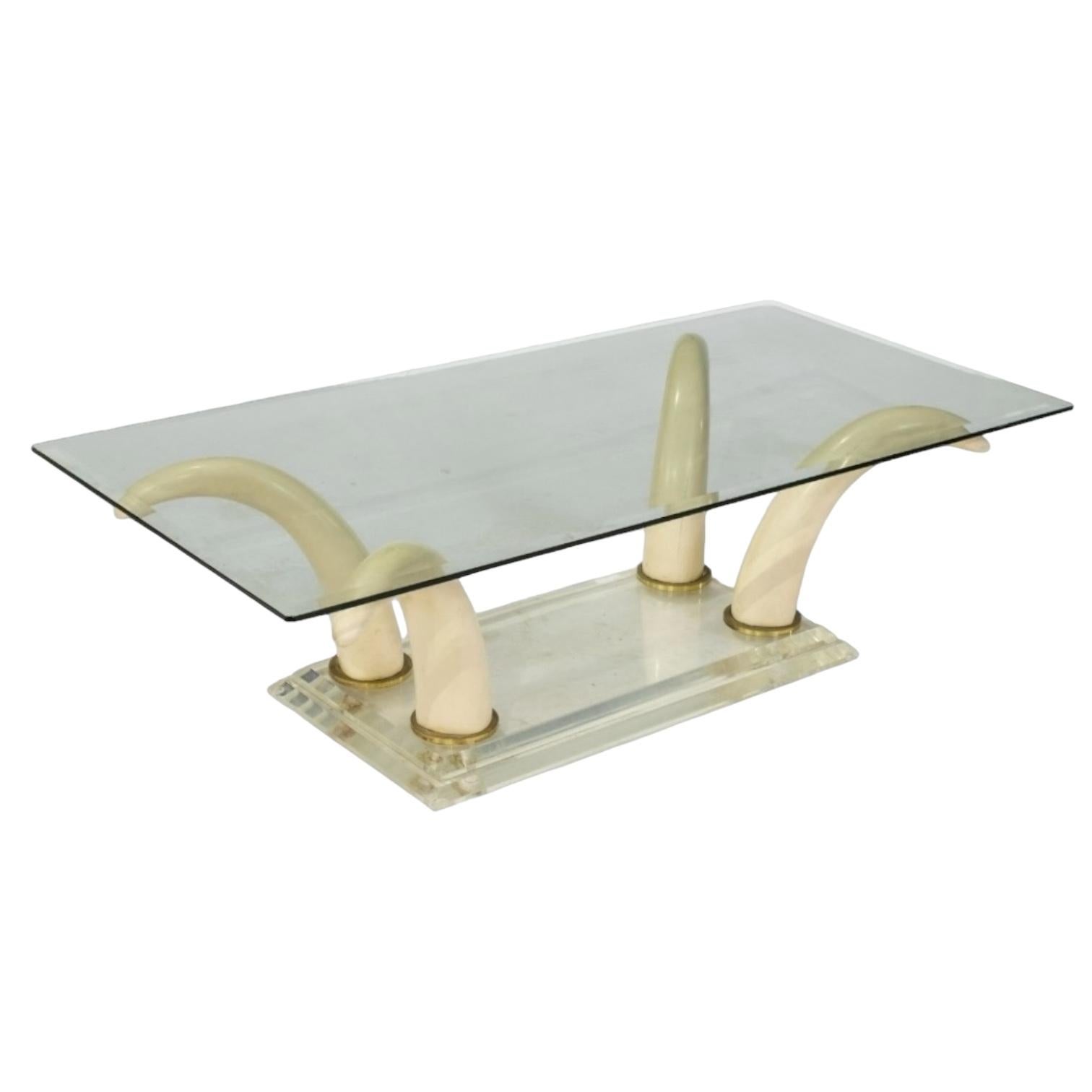 1970s Modern Karl Springer Style Faux Tusk, Lucite & Glass Coffee Table In Good Condition In Kennesaw, GA