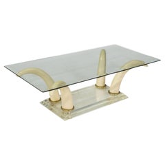 1970s Modern Karl Springer Style Faux Tusk, Lucite & Glass Coffee Table