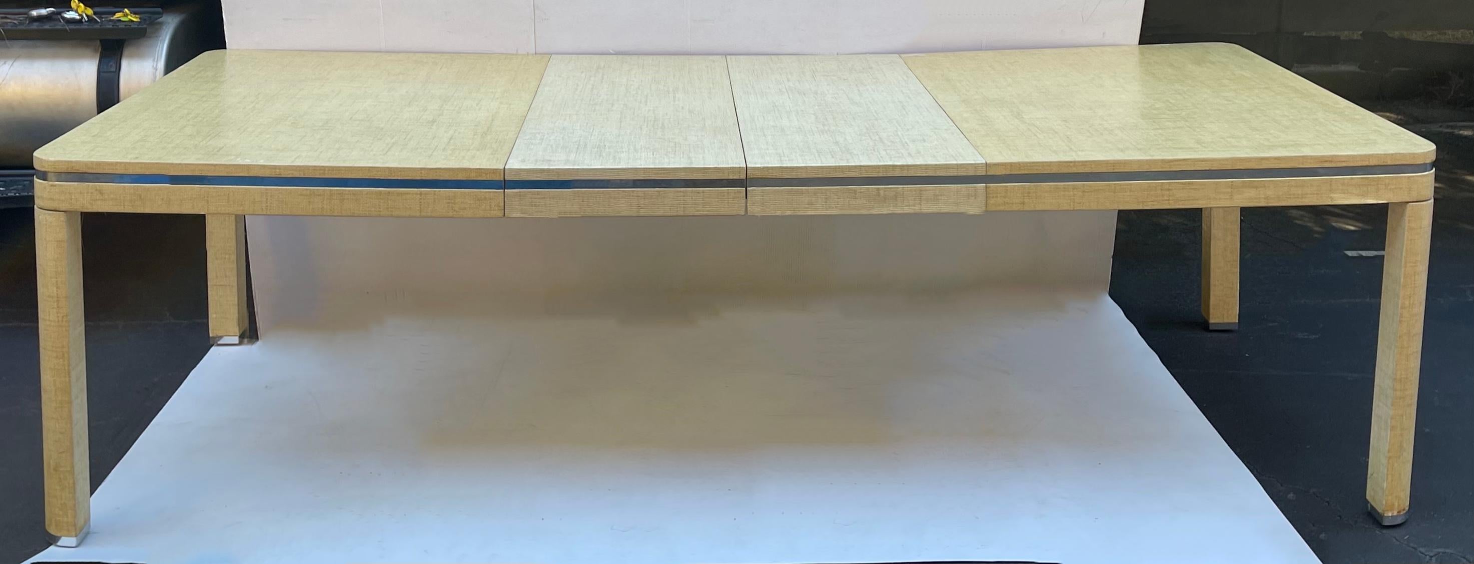 American 1970s Modern Karl Springer Style Grasscloth Wrapped Dining Table, 2 Leaves For Sale