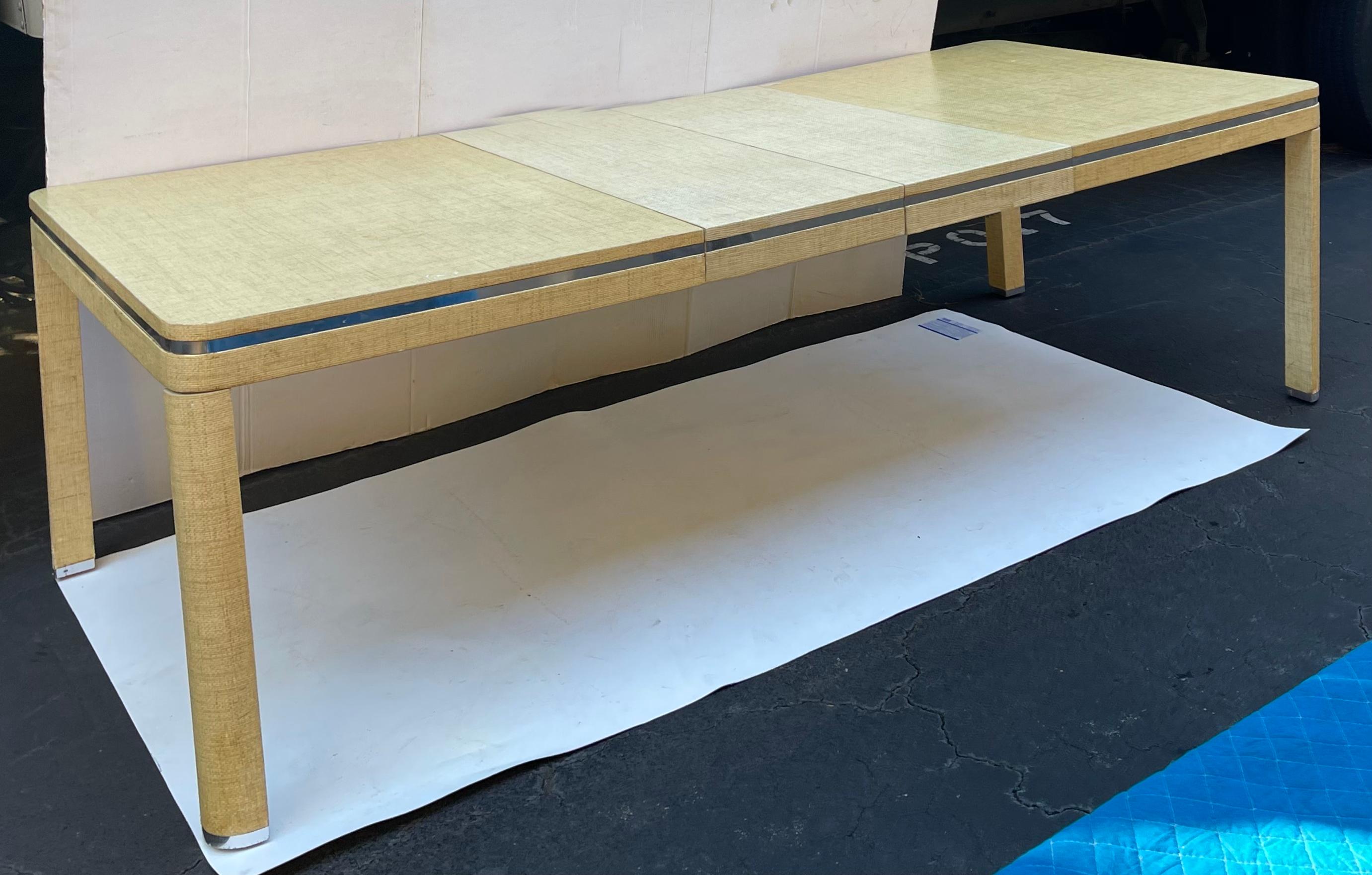 Late 20th Century 1970s Modern Karl Springer Style Grasscloth Wrapped Dining Table, 2 Leaves For Sale